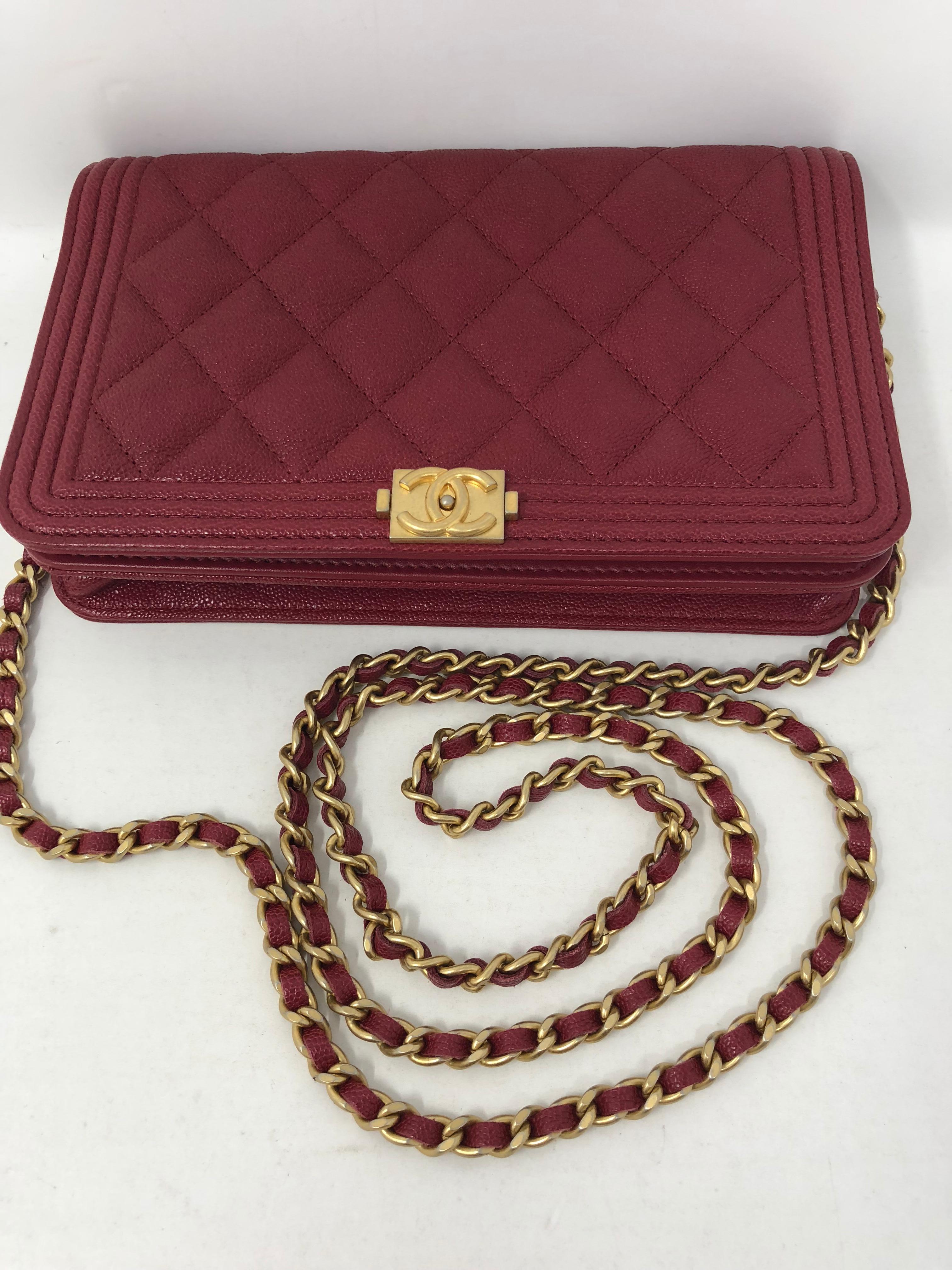 Chanel Red Wallet on a Chain in gold hardware. Brand new never used. Sold out and limited. Includes Chanel authenticity card, original tags, dustbag, and Chanel box. Can be worn as a crossbody or a clutch. Purchased in 2018 and hard to find red