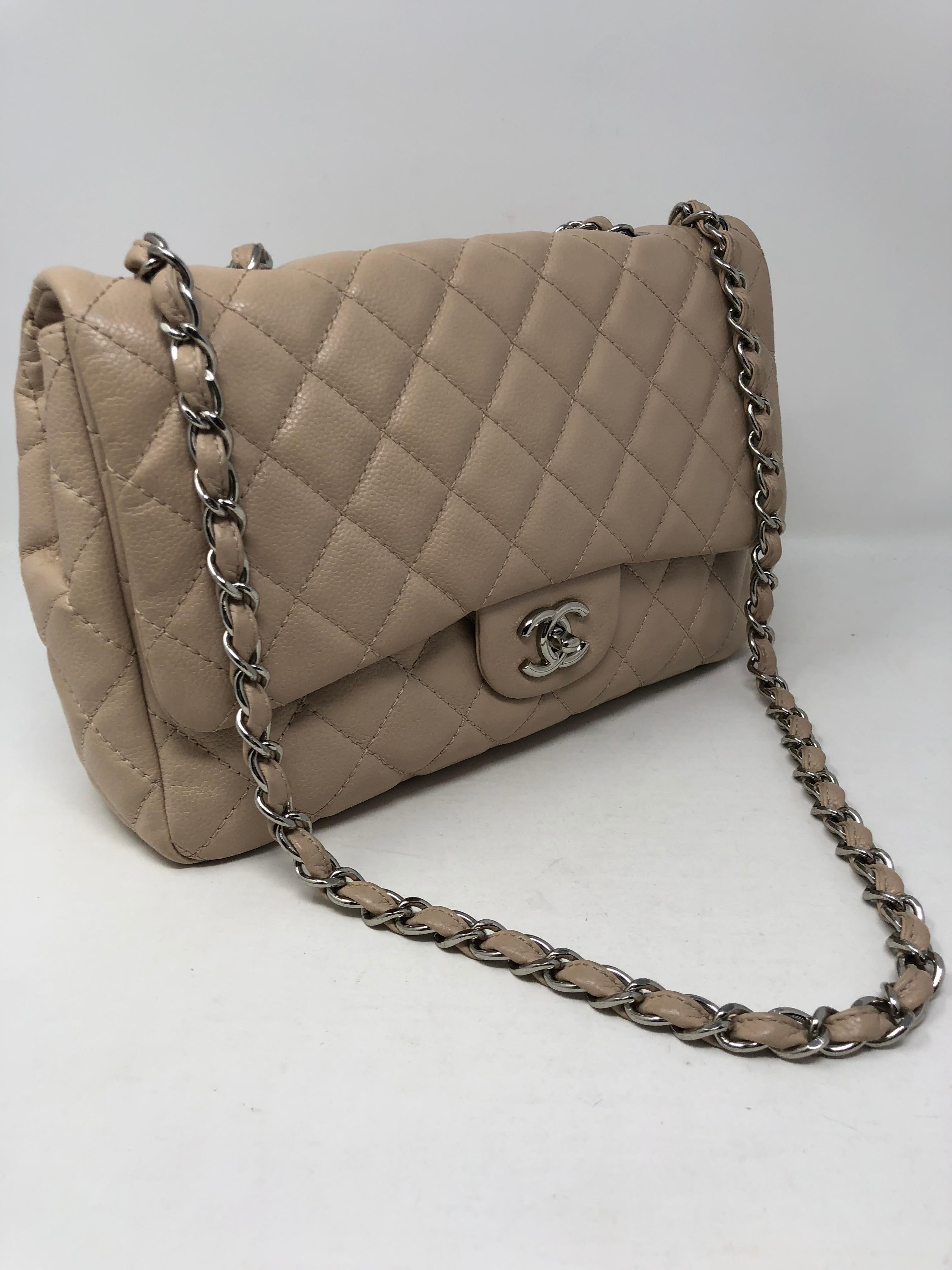 Chanel Jumbo Caviar Single Flap in Cream color. Durable caviar leather with silver hardware. Can be worn doubled or as a crossbody bag. Good condition. Neutral color for all seasons. Comes with authenticity card and dust cover. Guaranteed authentic. 