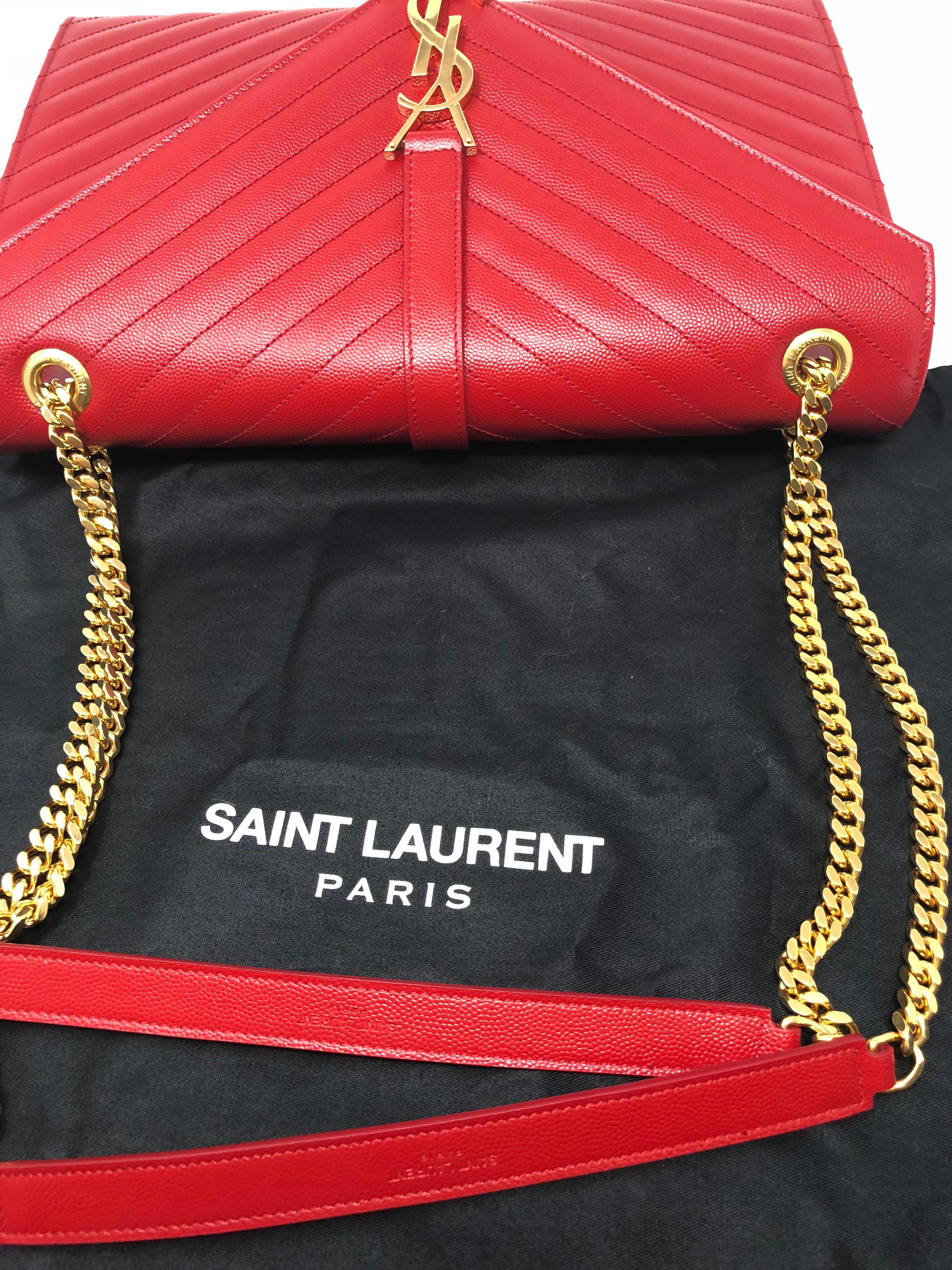 YSL Red Leather Large Matelasse Chain Shoulder Bag In New Condition In Athens, GA