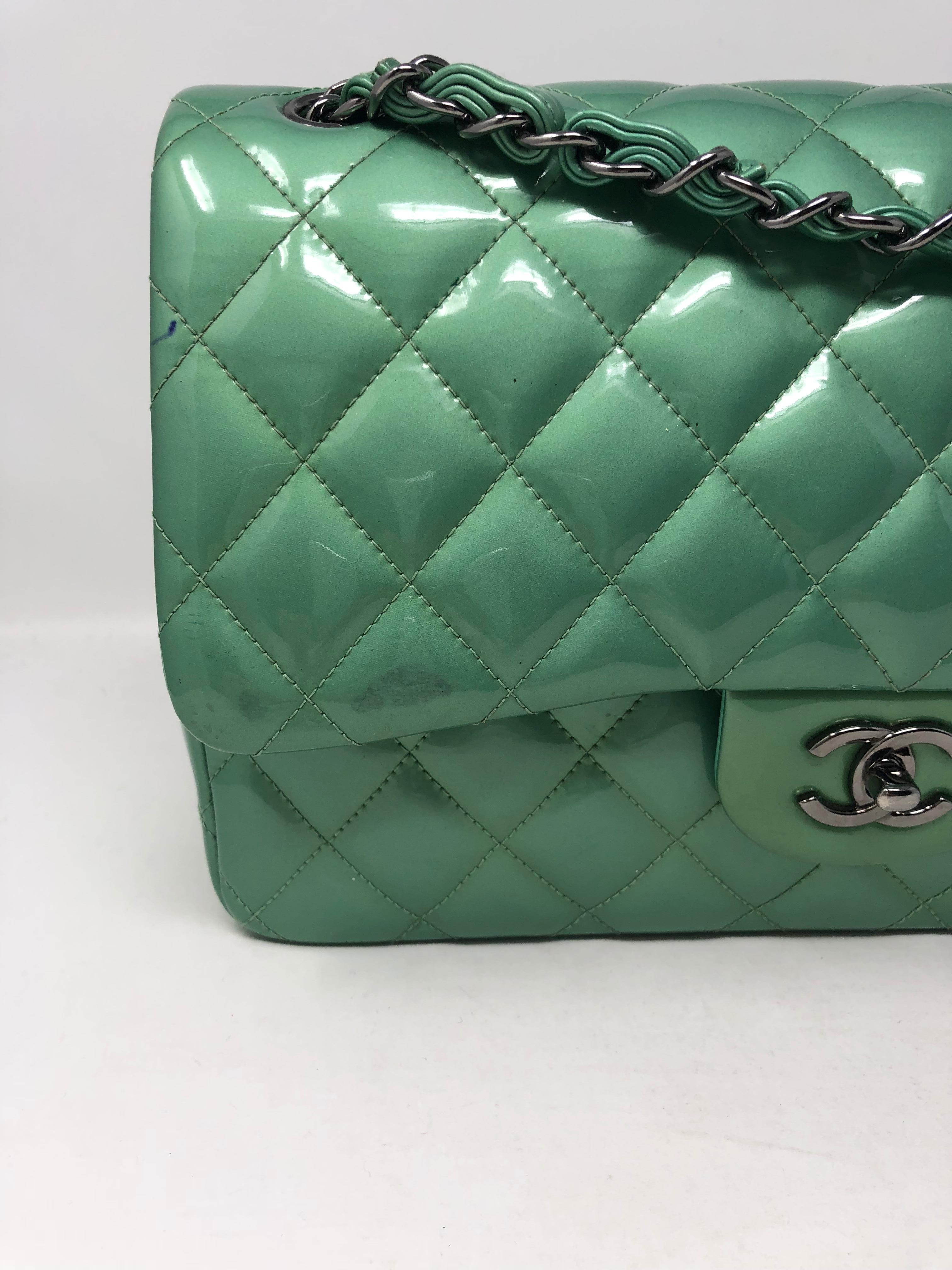 Chanel Menthe green patent leather Jumbo double flap bag with silver hardware. Stunning color in durable patent leather. Give your wardrobe a Pop of color this season. Guaranteed authentic. 