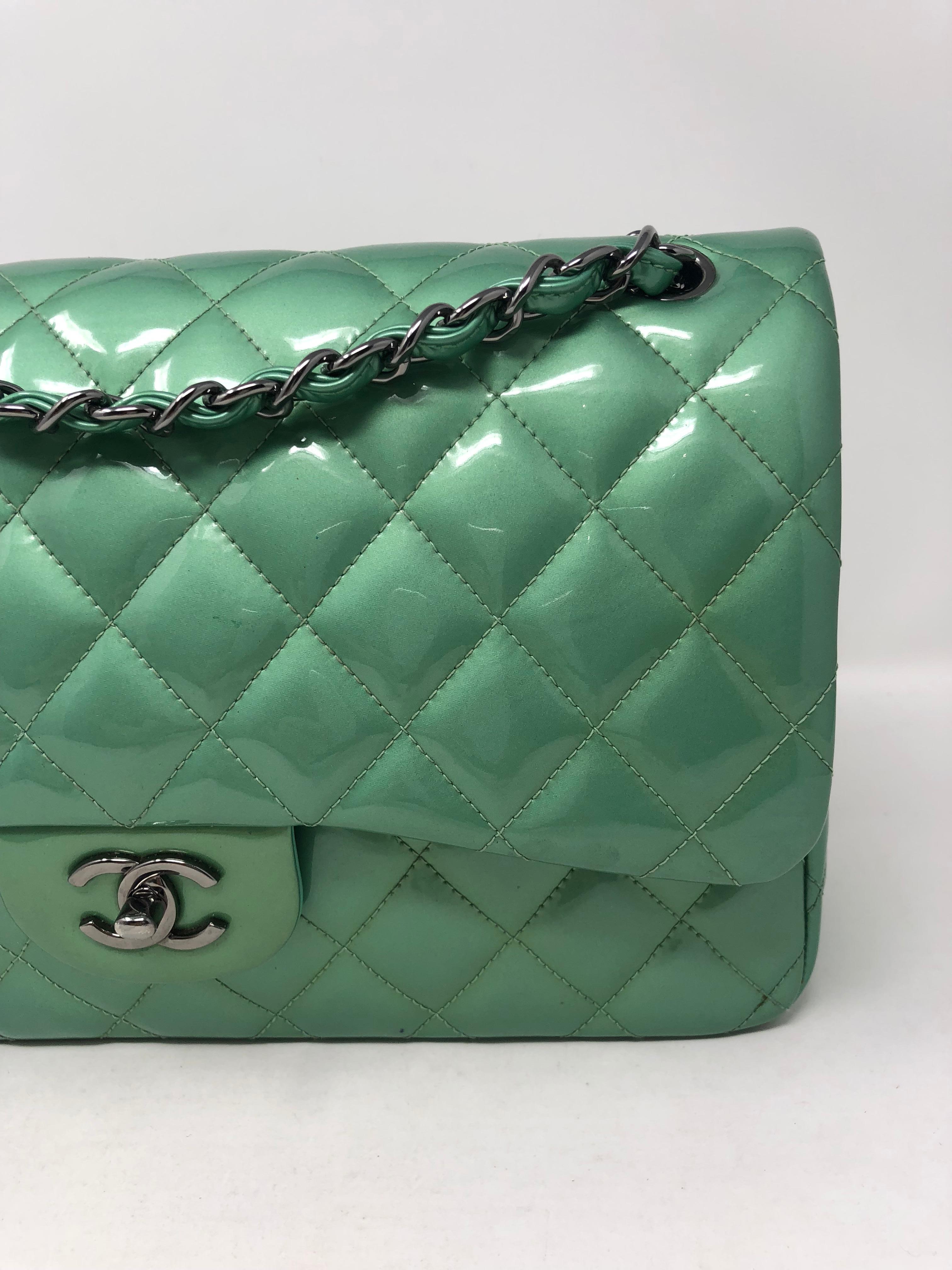 Gray Chanel Green Menthe Patent Jumbo double flap bag