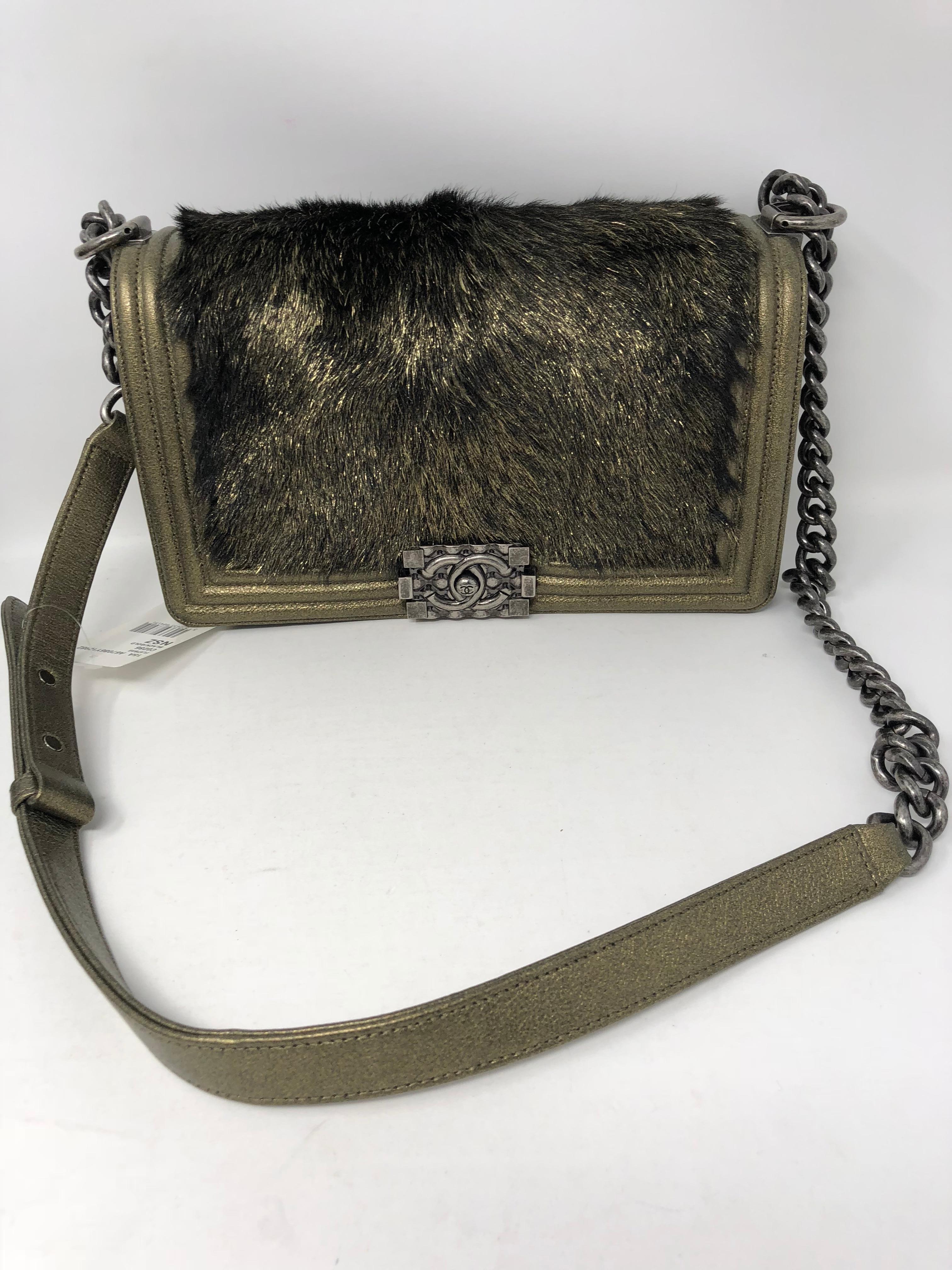 Chanel Gold Boy Flapbag Fur In New Condition In Athens, GA