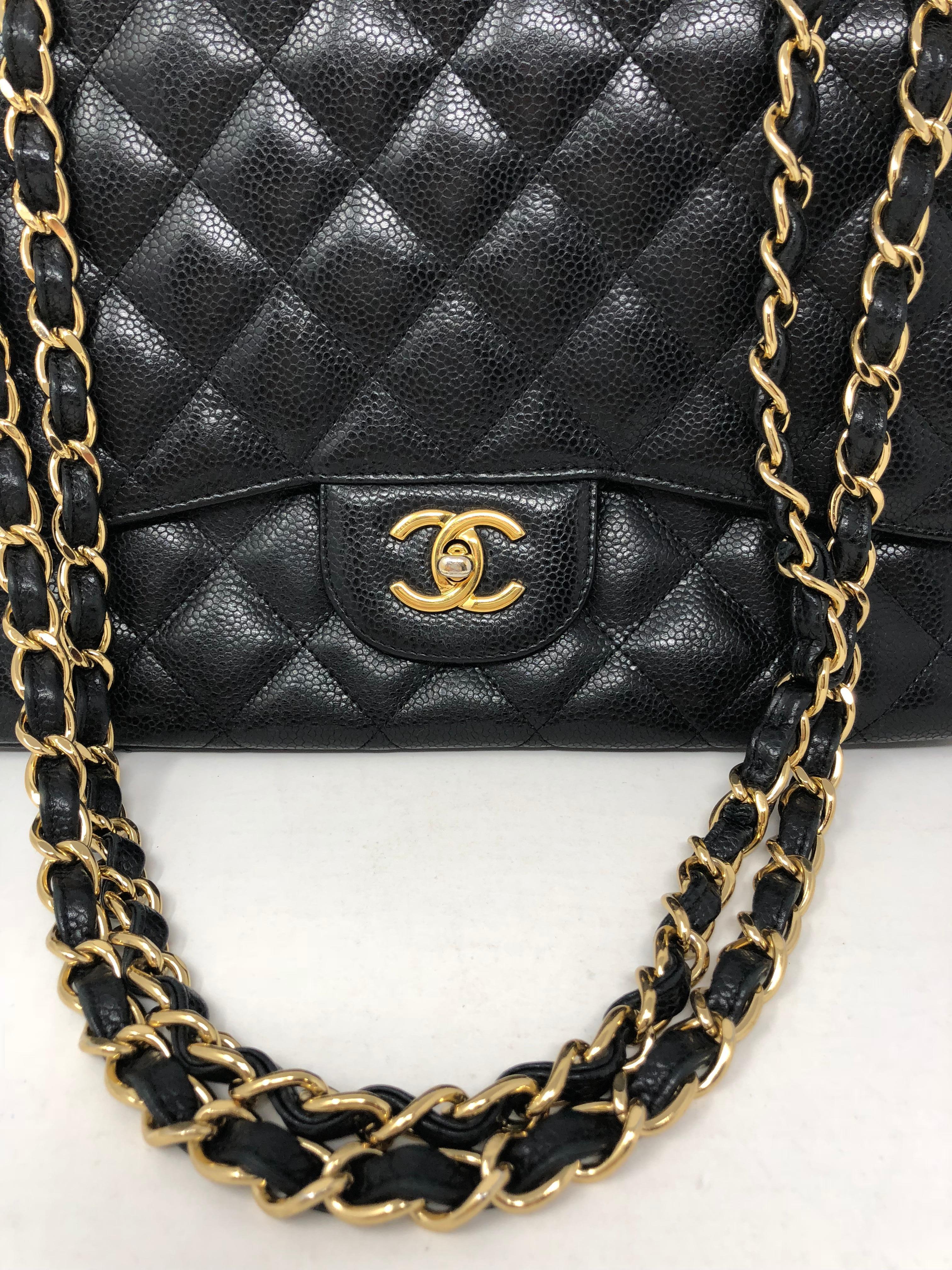 Chanel Black Jumbo Caviar Single Flap Bag. Gold hardware. Good condition. Only wear is on the clasp. Gold has turned a little more silver tone from use. The leather is in great condition. Most wanted size. Can be worn as a doubled strap or be worn
