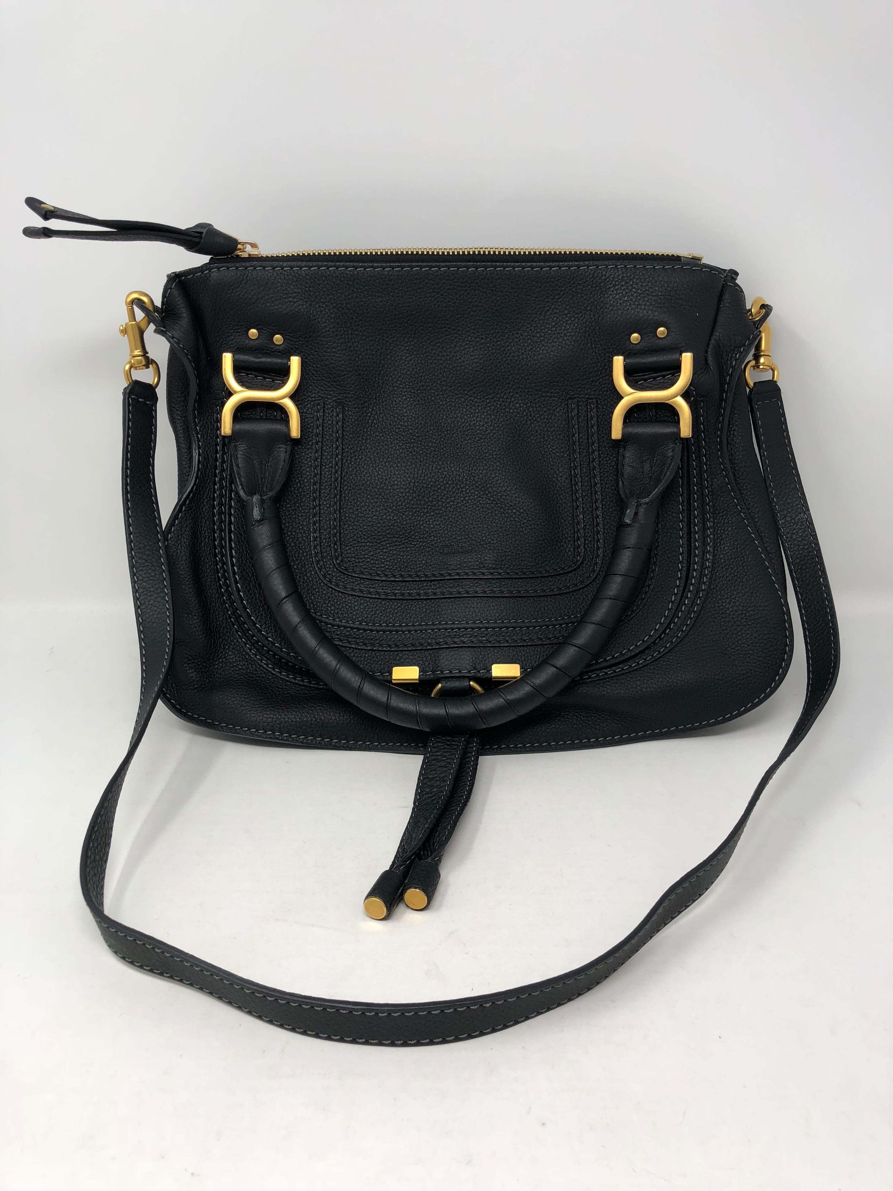 Chloe Black Marcie Medium Satchel Bag in pebbled leather. Gold hardware. Detachable shoulder strap. Brand new bag with tags attached inside the bag. Never used. Made in Italy. Great looking everyday bag with a relaxed style. Bohemian inspired and