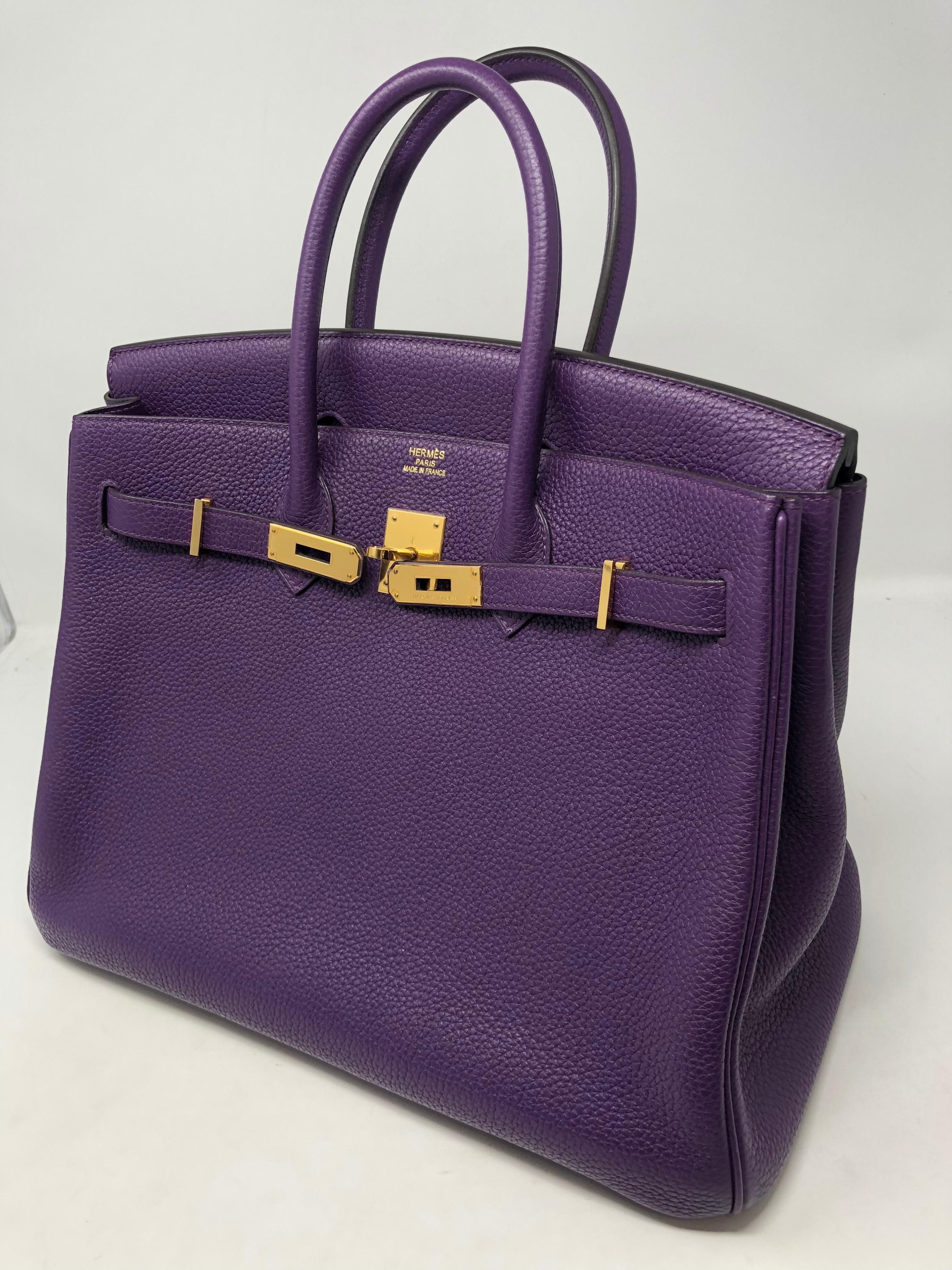 Hermes Ultraviolet Purple Birkin 35 with gold hardware. Clemence leather in mint condition. Beautiful and rare purple color known as ultraviolet. Hardware still has plastic on it from no wear. P square from 2012. Looks new. Ready for a good home.