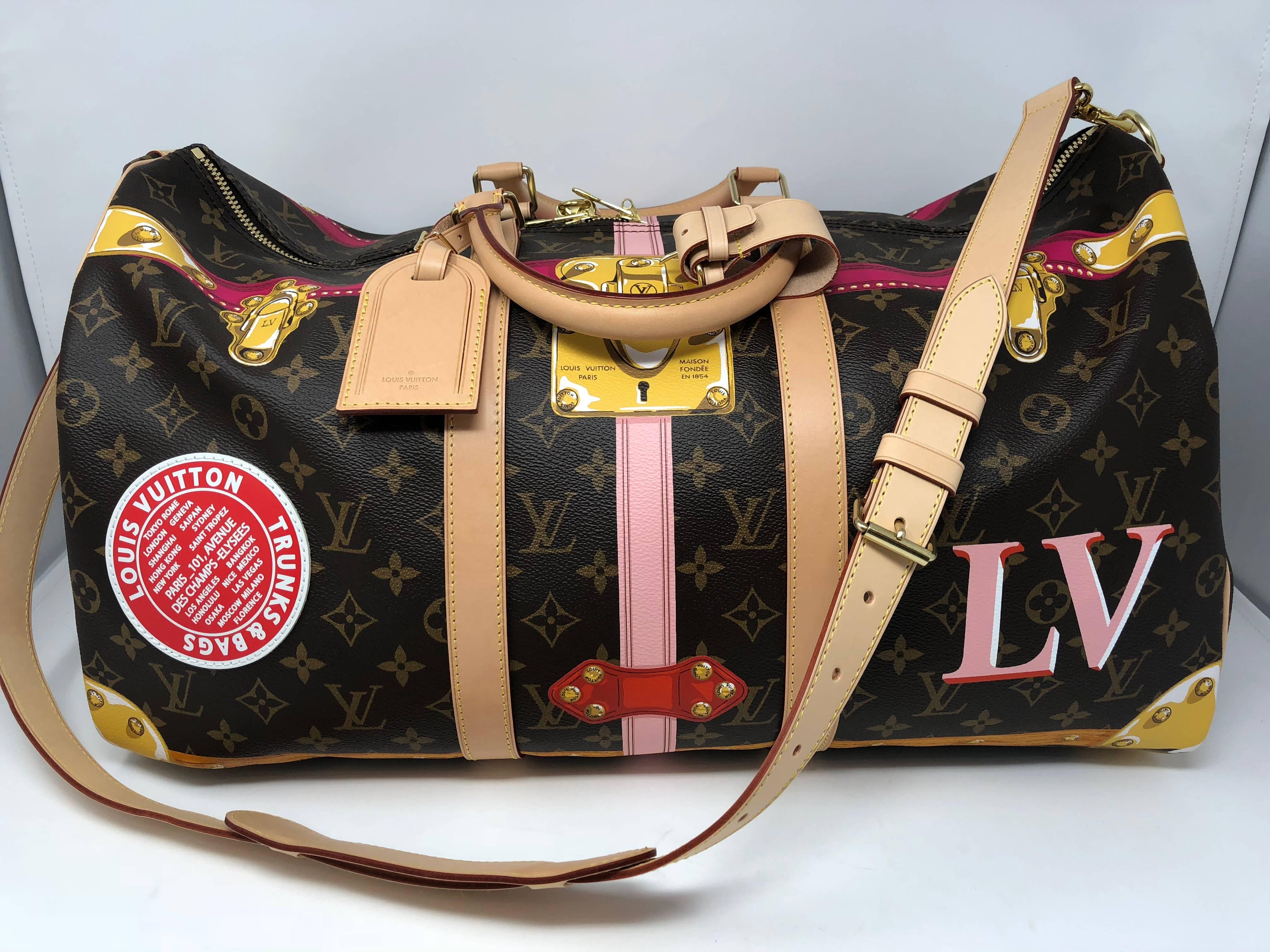 Louis Vuitton limited edition Trunks from 2018 Spring collection. Keepall 50 with strap. New with dust cover.  Never used. Sold out and no longer in production. Interior has the antique trunks design. Exterior has painted details of trunk locks and