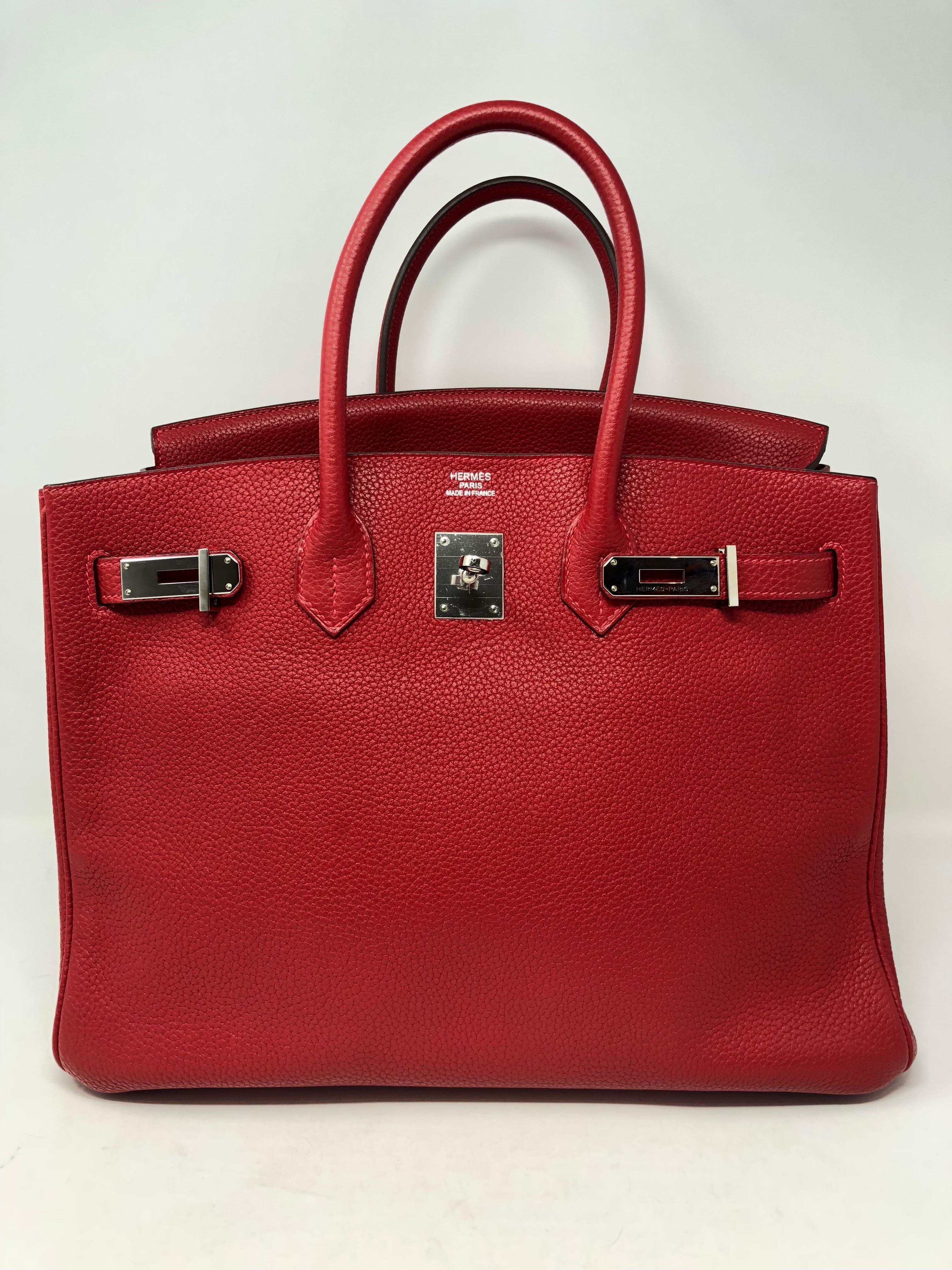 Hermes Birkin 35 Rouge Casaque with palladium hardware. Beautiful red color in clemence leather. Mint condition. Looks new. P square. Hard to find red color. Don't miss out on this one. Guaranteed authentic. 