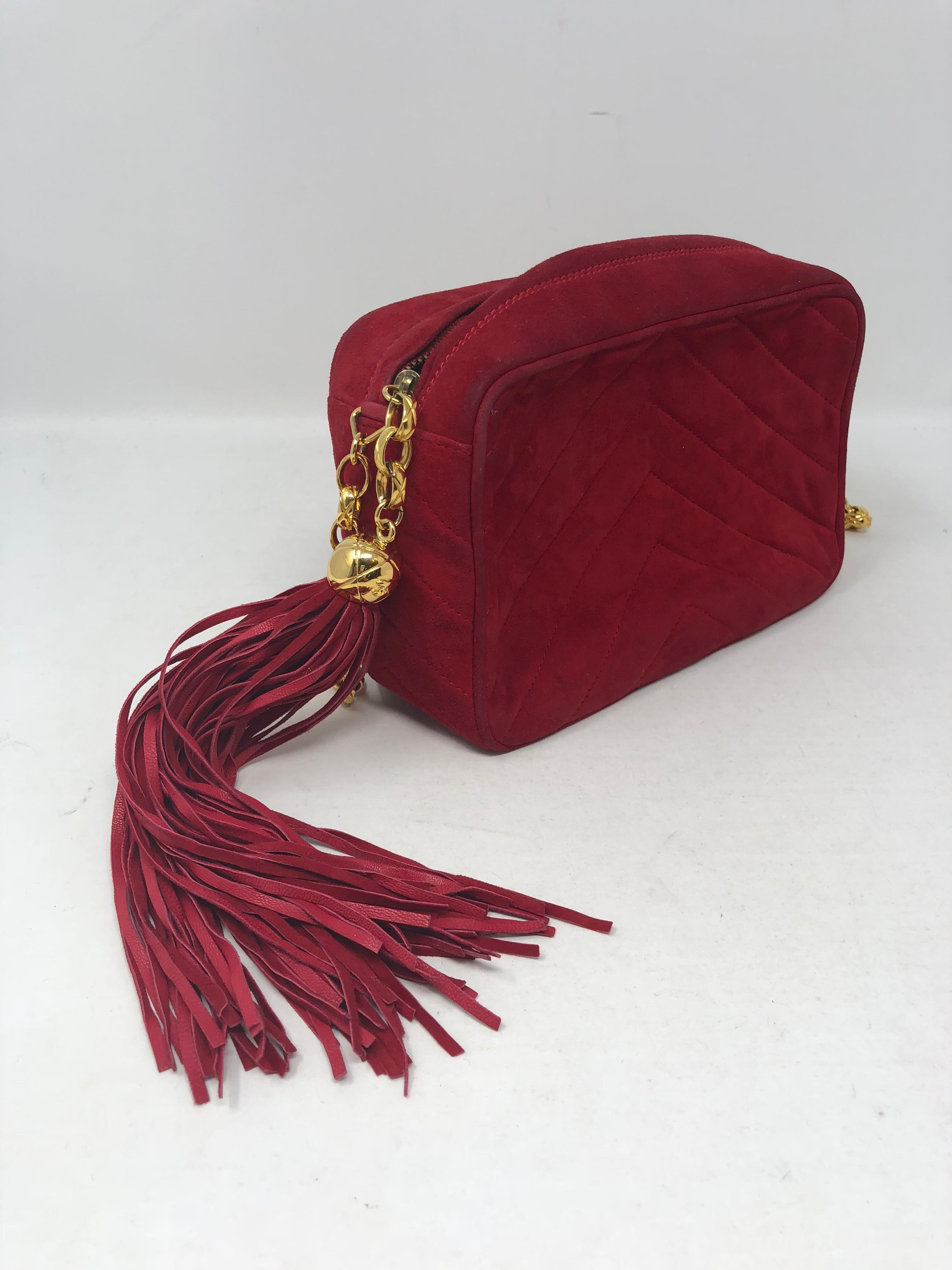 Women's or Men's Chanel Red Suede Bag with Fringe 