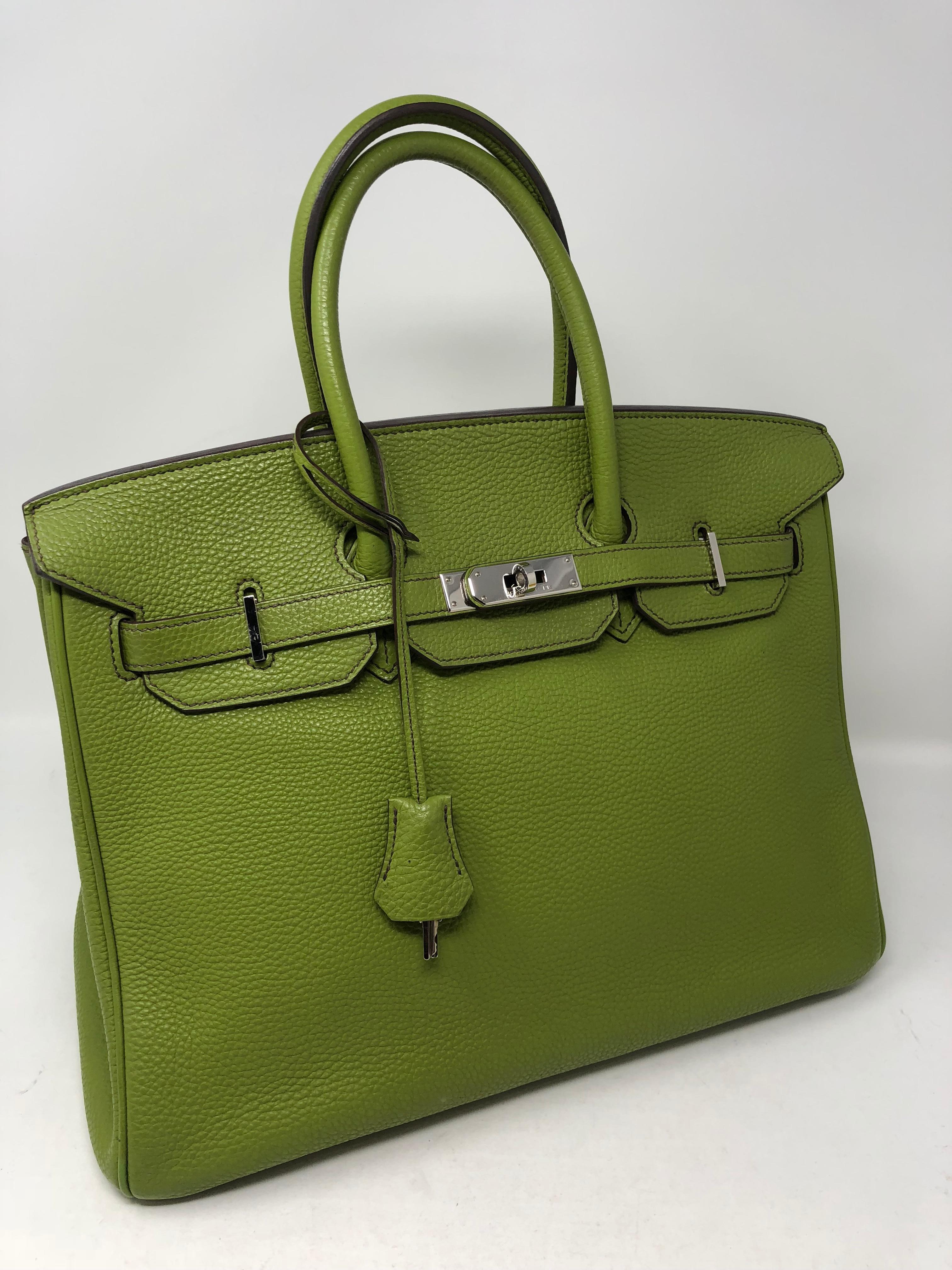 Hermes Birkin 35 Pelouse Green color. Clemence leather with palladium hardware. Good condition. In French Pelouse means lawn. This reflects the color. Unique color and stamped M. From 2009. Bag includes dust cover, clochette, lock, and  keys.