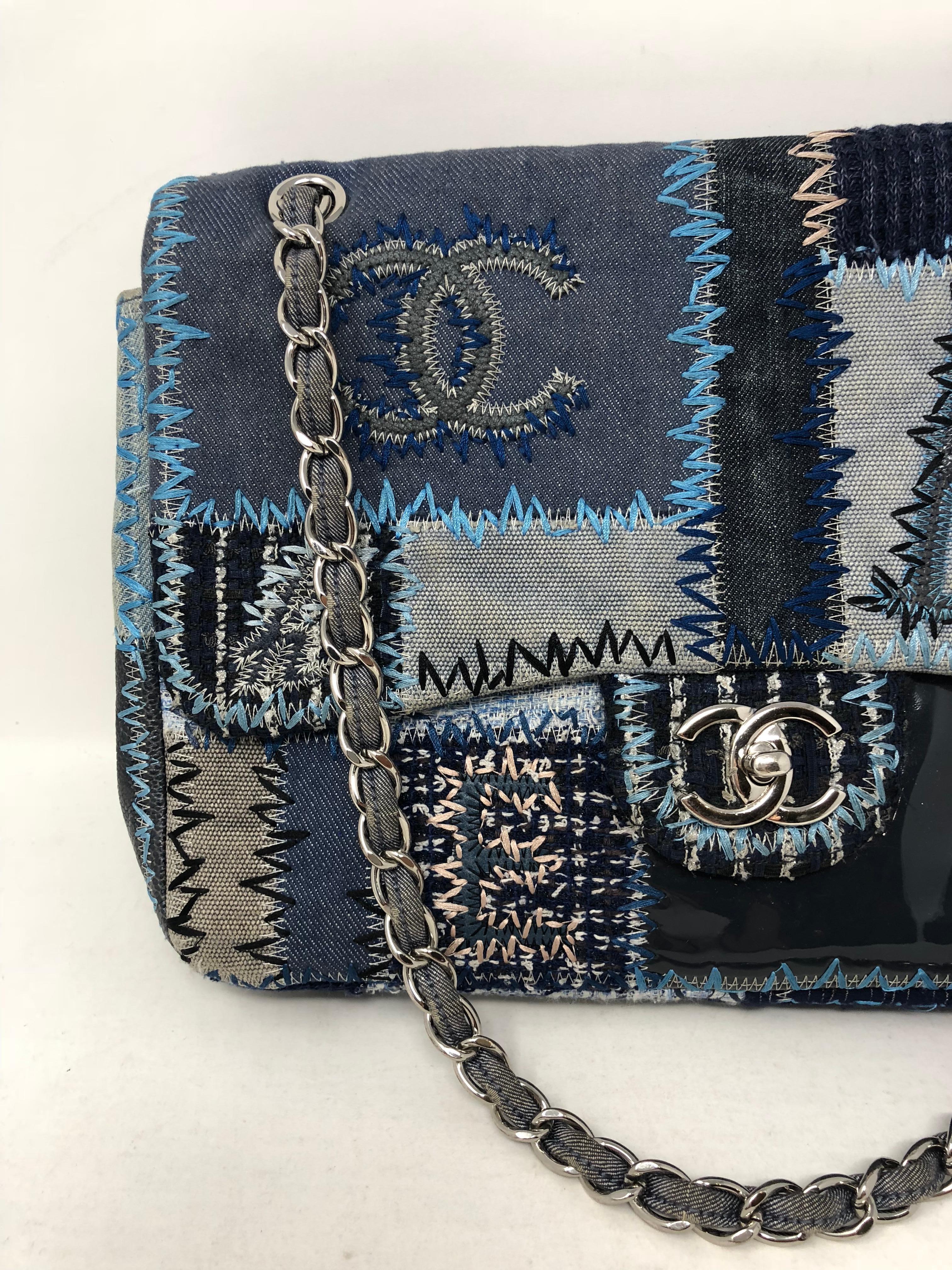 Chanel Denim Patchwork Bag. Unique style with embroidered denim patches. Silver chain and hardware. From a Collector's closet. Good condition. Soft denim makes this bag feel lighter than leather.  Guaranteed authentic. 