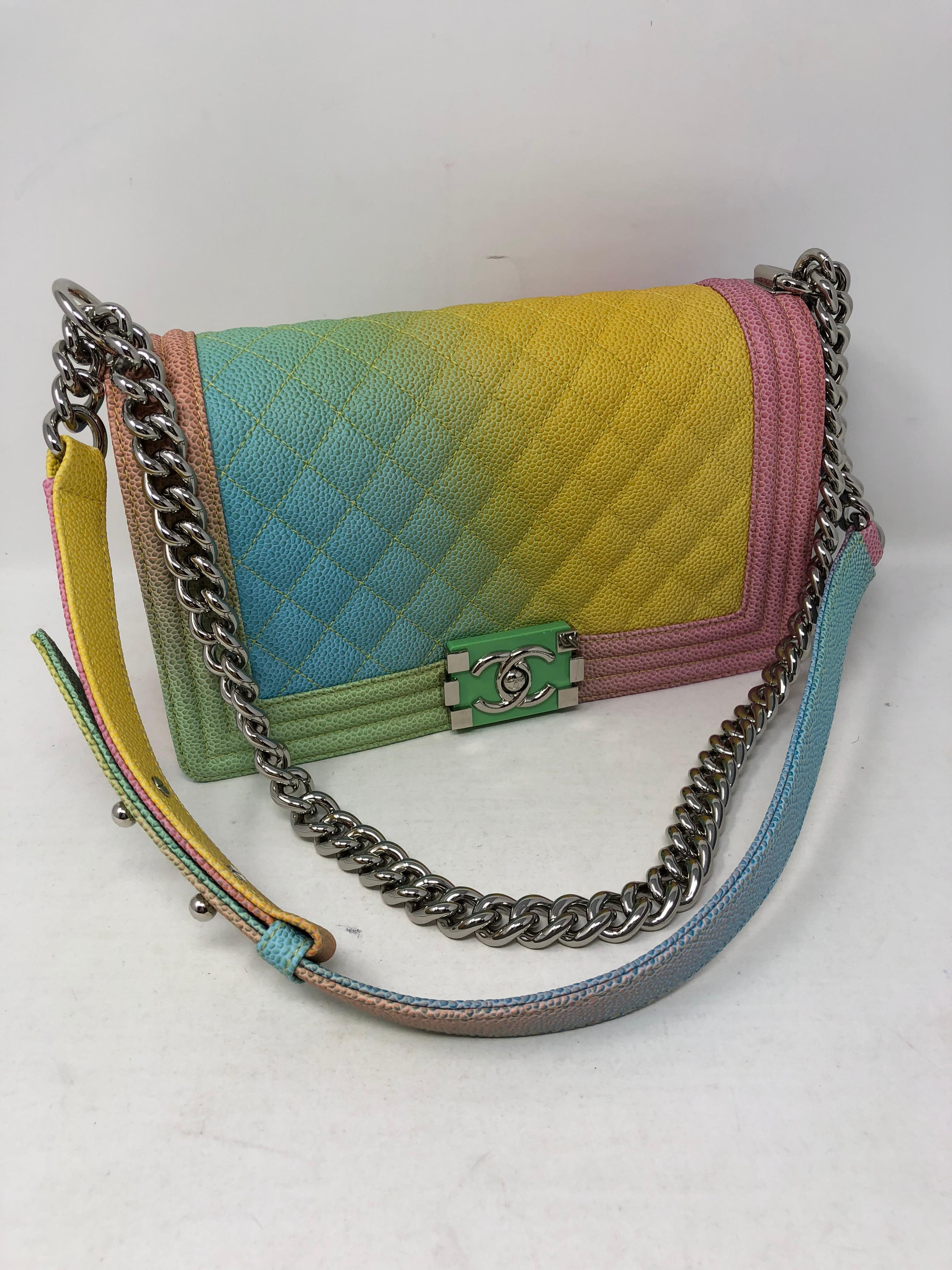 Chanel Rainbow Boy Flap Bag in medium size. Limited edition Rainbow quilted caviar bag from Chanel Cruise 2017 Cuba Collection. Antique silver hardware. Unique Chanel bag in great condition. Only small traces of dirt inside cloth bag. Exterior is