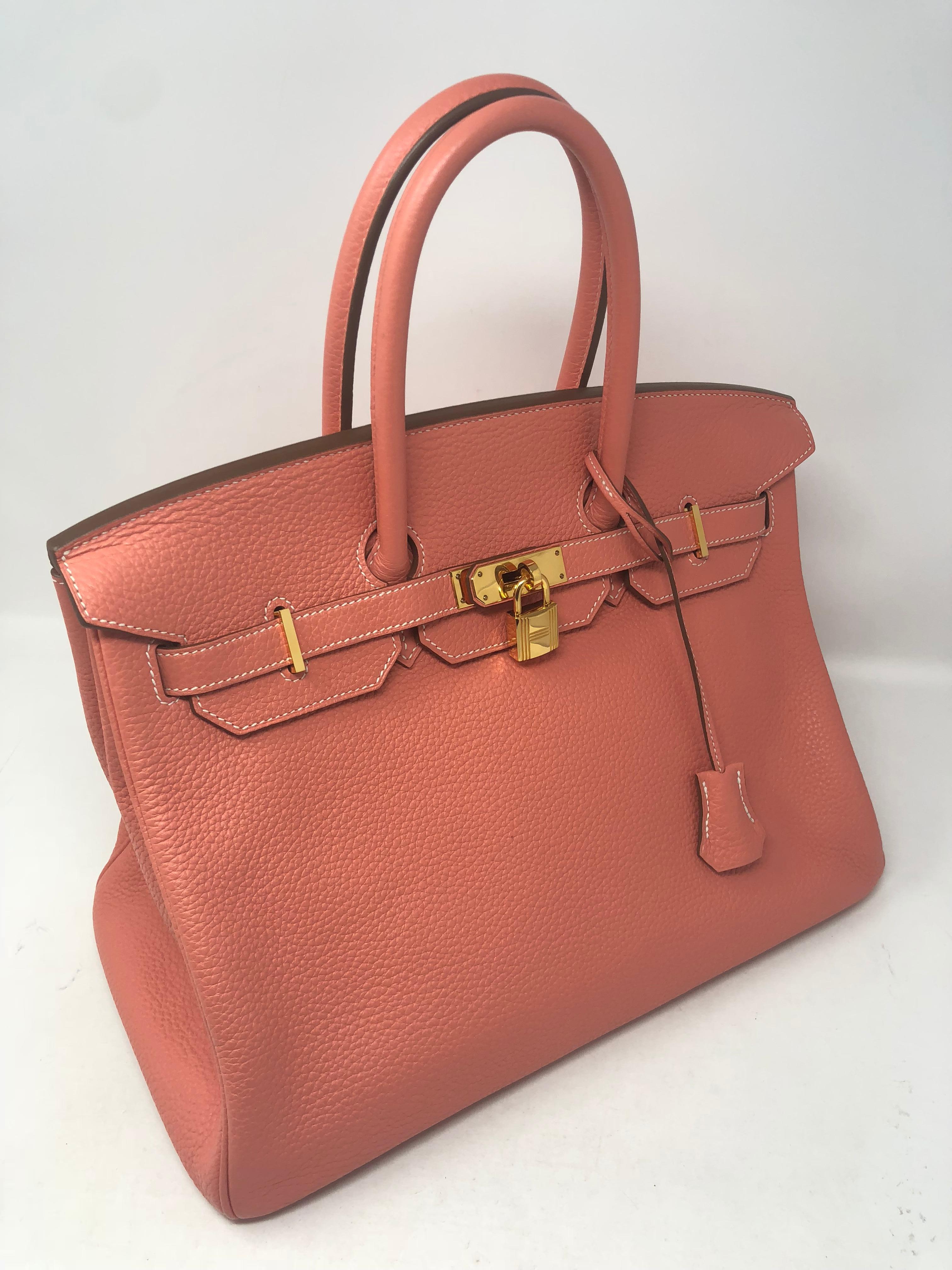 Hermes Birkin 35 in Crevette color Clemence leather with gold hardware. Beautiful bag with sturdy scratch resistant Clemence leather. The roomy interior is lined with matching pink leather and in mint condition. Q stamp from 2013. Great investment