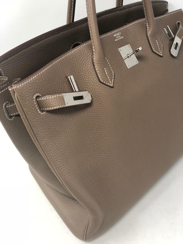 Birkin 40 Etoupe Colour in Togo leather with white contrast stitching with  palladium hardware. Hermès. 2010., Handbags and Accessories Online, Ecommerce Retail
