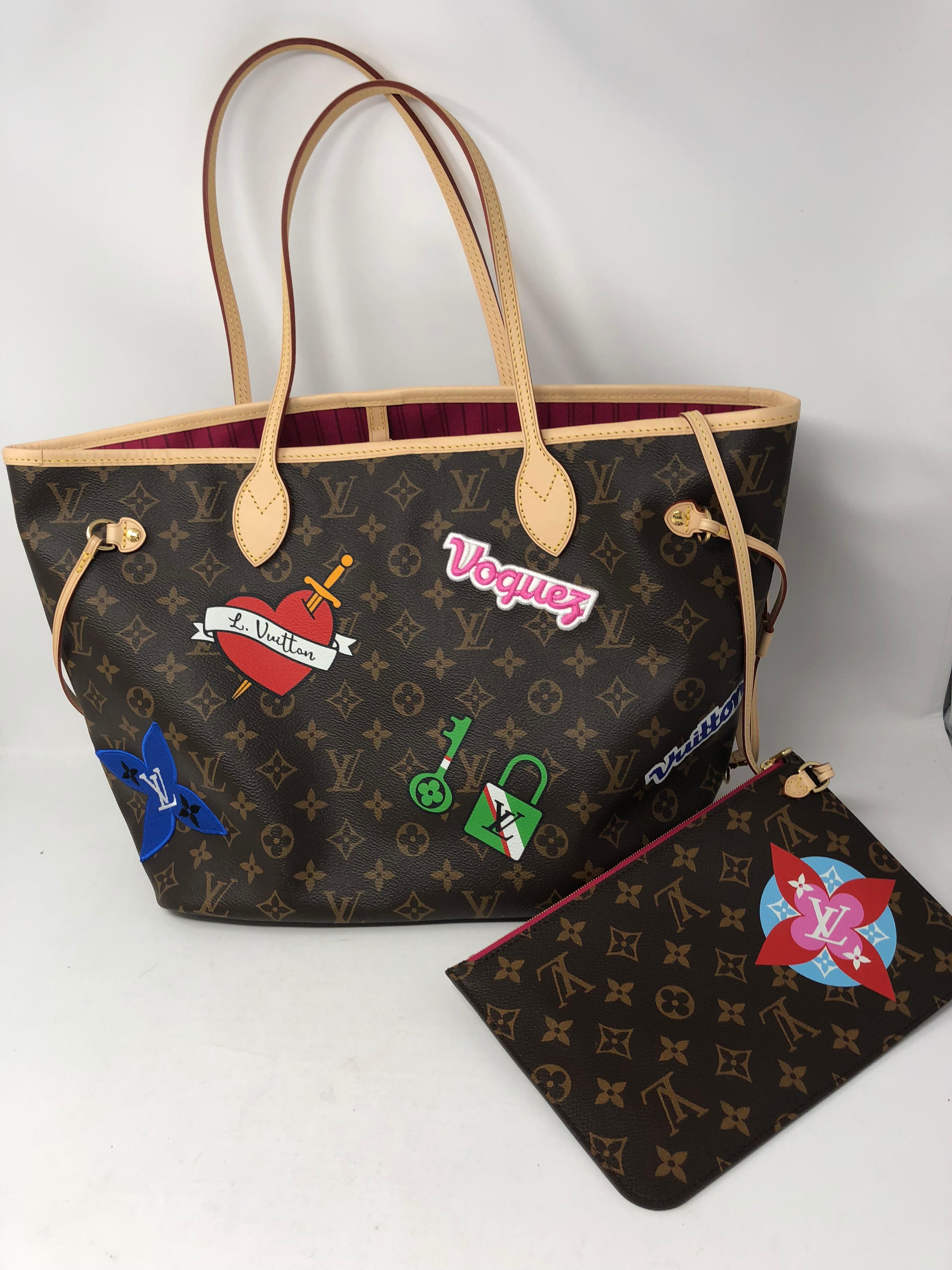 Louis Vuitton Neverfull Travel Patches Collection 2018. This limited edition tote is brand new and comes with dust cover and matching pouch insert. Neverfull is the MM size and has fuschia interior. Add this one to your collection. Guaranteed