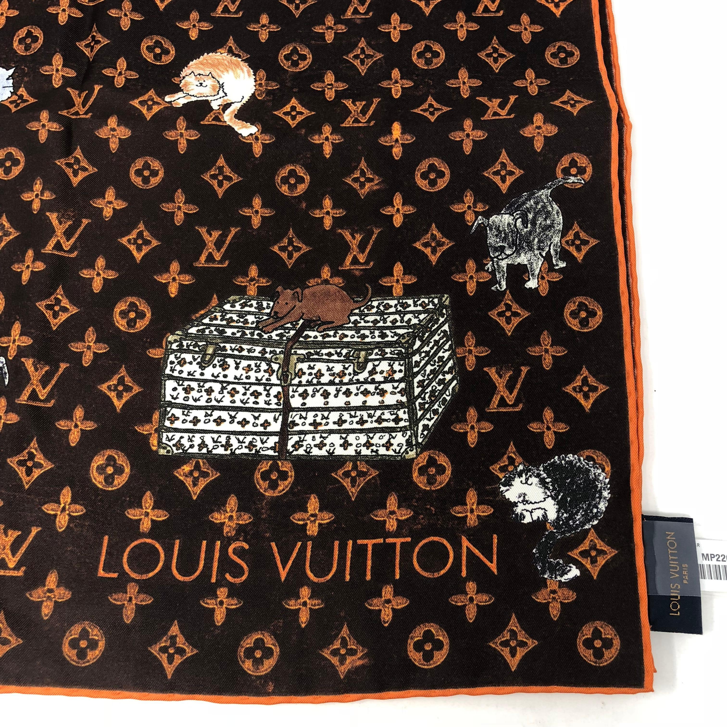 Louis Vuitton Cat Silk Scarf designed by Grace Coddington. The beautiful silk scarf depicts cats for the ultimate animal lover. Limited and sold out. This one is brand new with original box. A fun and quirky design only by LV. Guaranteed authentic. 