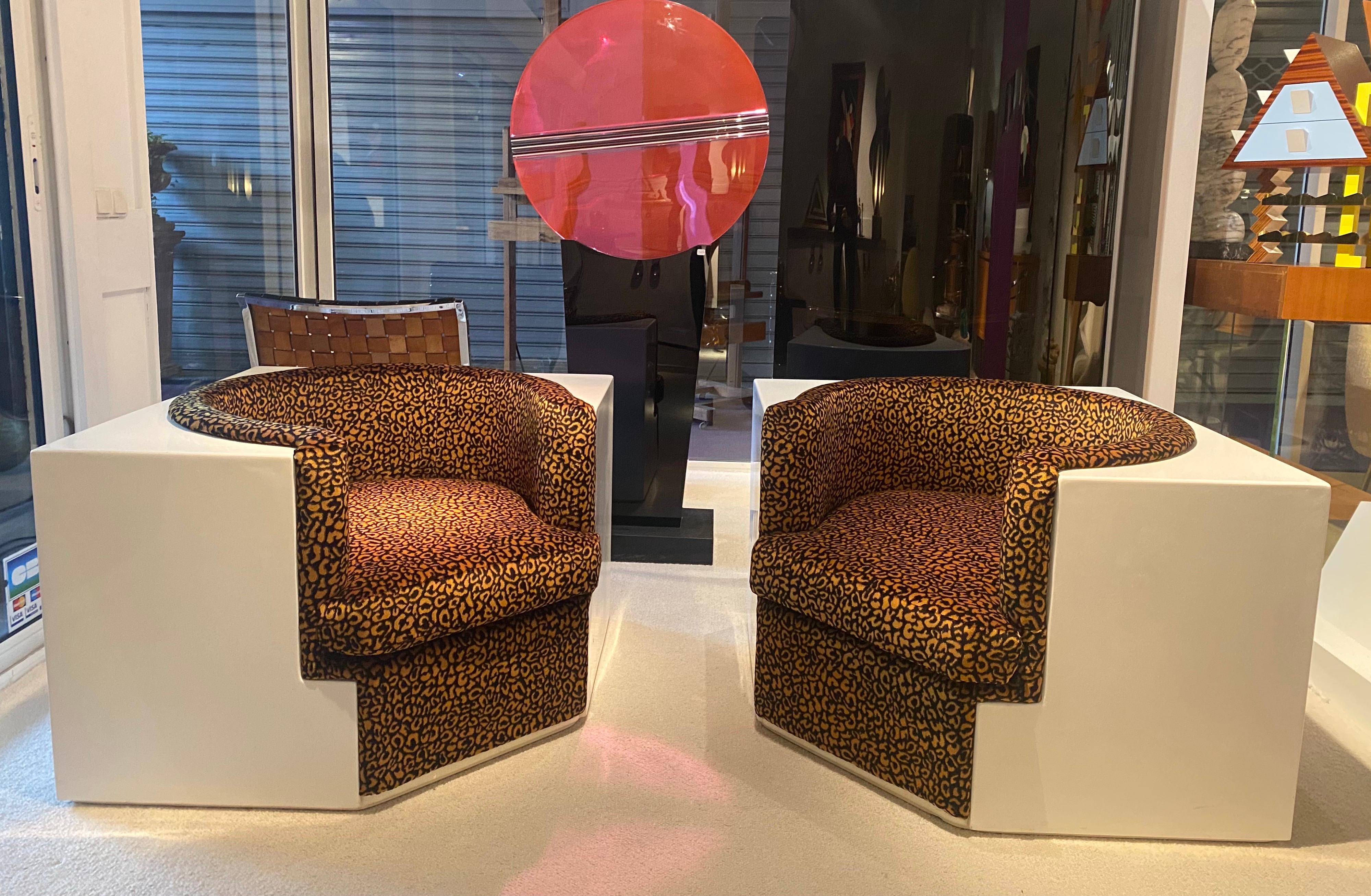 iconic Safari armchairs in fiberglass, Foam rubber and velvet Leopard Skin. Designed in 1968 by Archizoom Associati and produced by Poltronova. 
Italy Circa 1968
Great vintage condition.