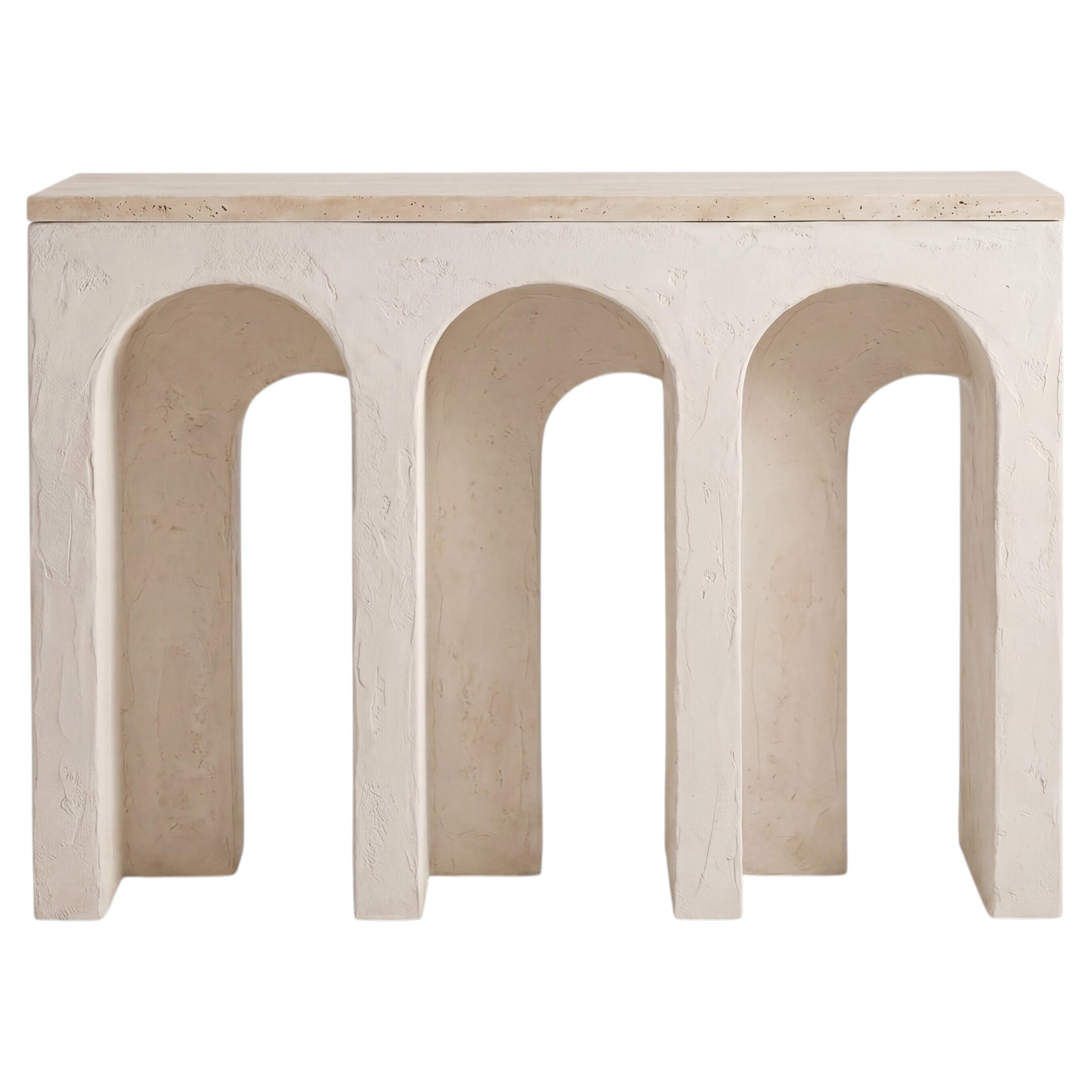 Arcade Console Table in Plastered Wood with Travertine Top