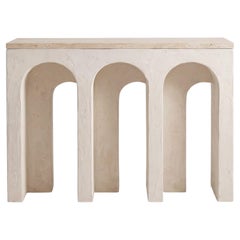 Arcade Console Table in Plastered Wood with Travertine Top