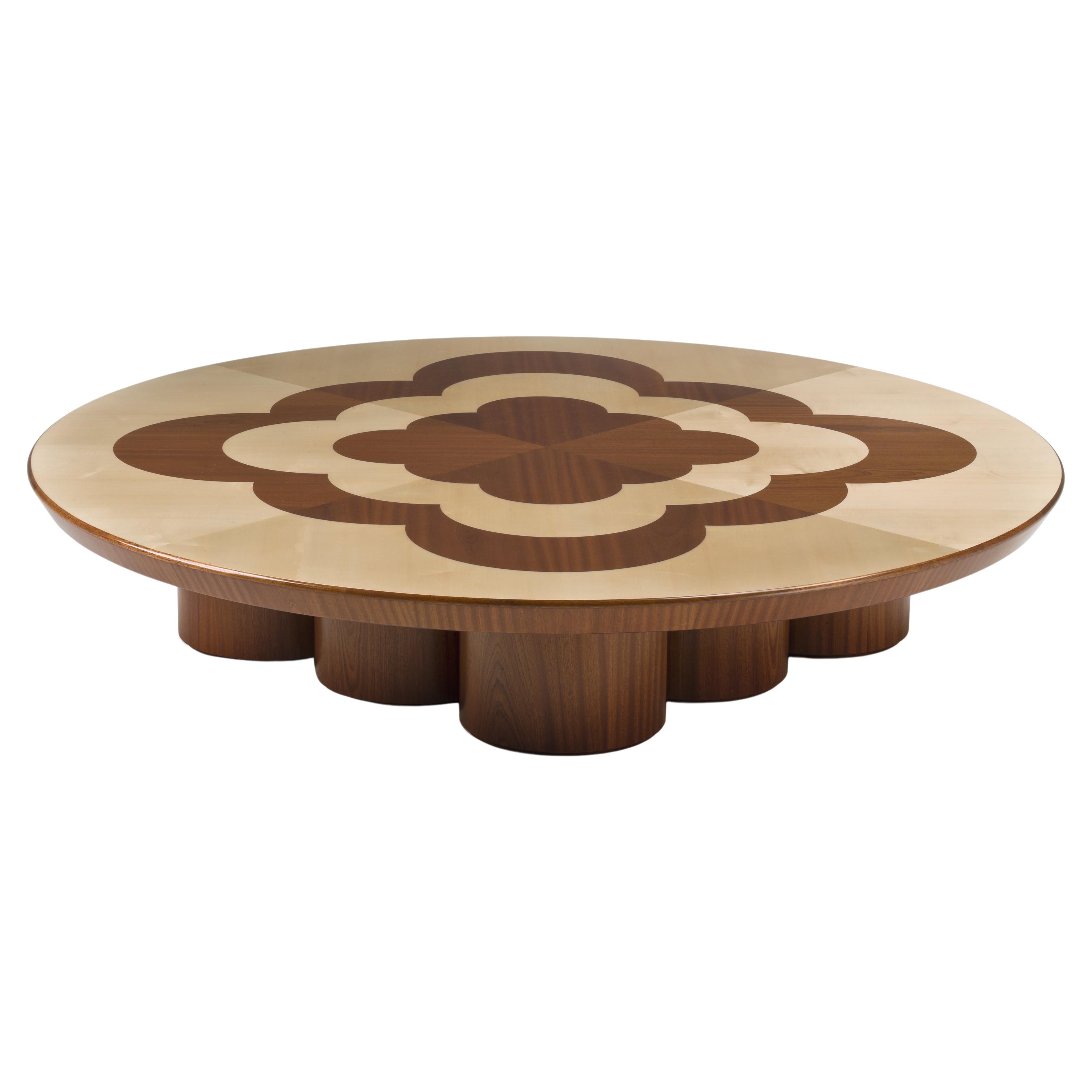 ARCHWAY CT Inlay Round Cocktail Table with Flower in Mahogany and Maple wood For Sale