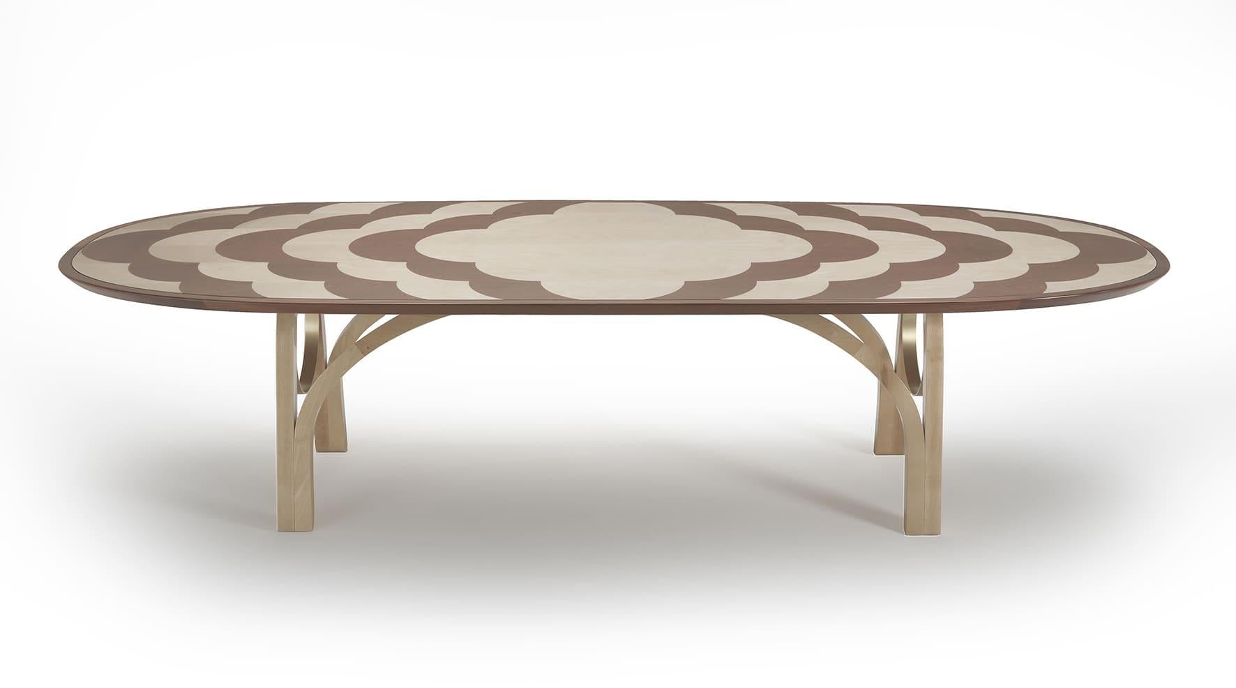 Contemporary ARCHWAY Oval Dining Table with Inlayed Top and Solid Mahogany Wood - Brass Ring For Sale