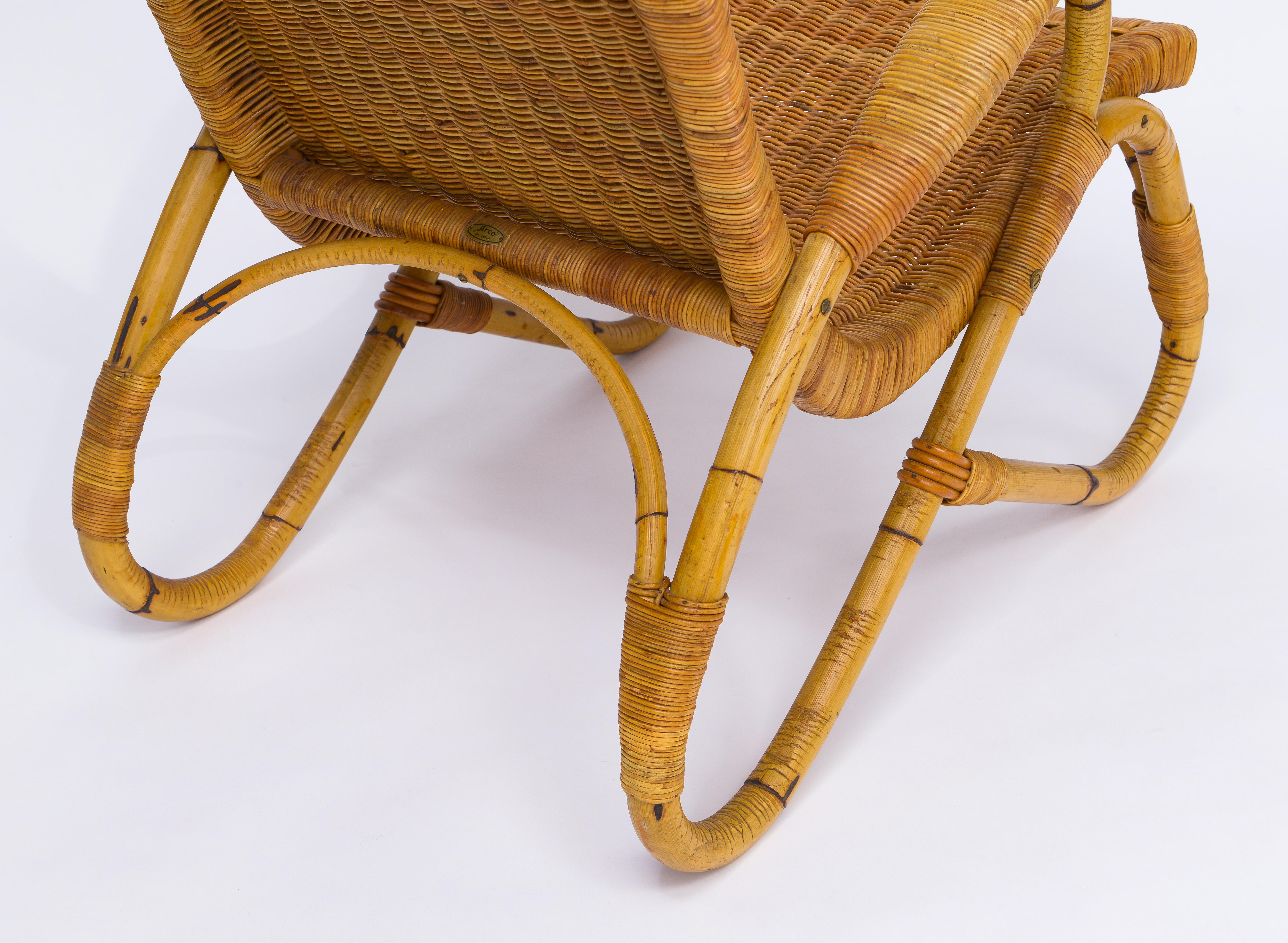 Arco Bamboo Cane Woven Architectural Chairs, Med Century For Sale 4