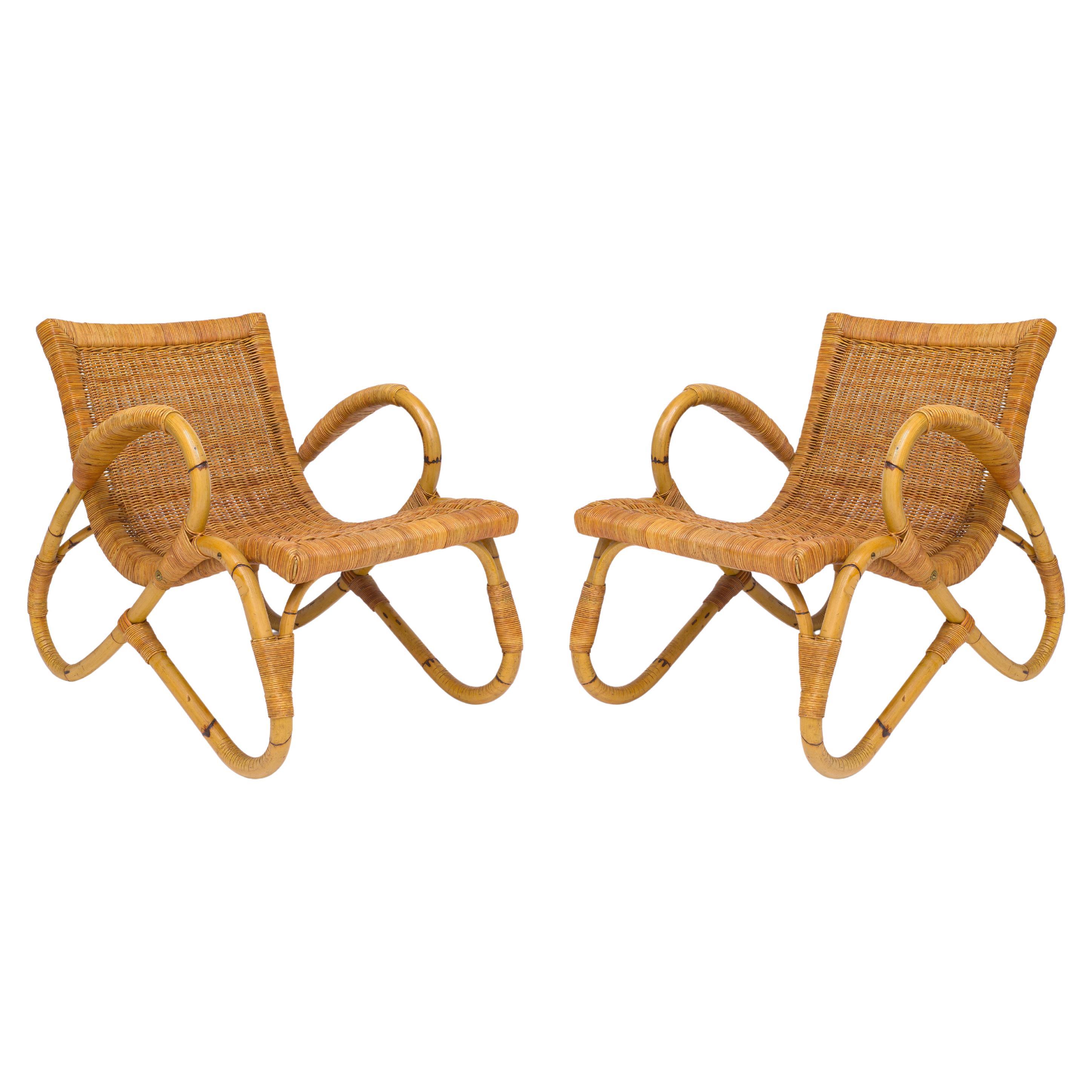 Arco Bamboo Cane Woven Architectural Chairs, Med Century For Sale