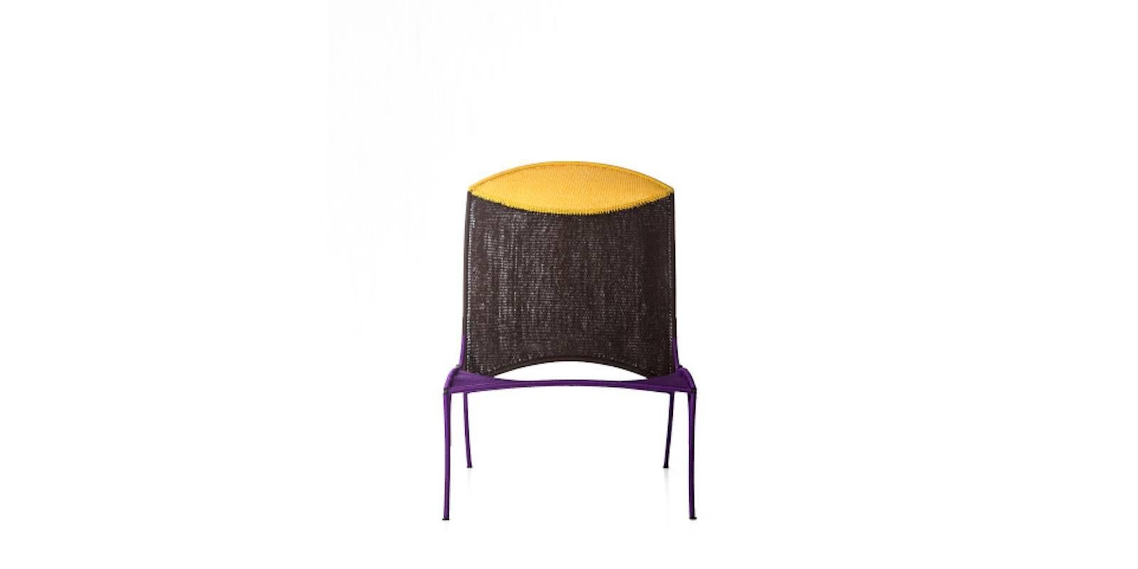 Arco chair B. by Martino Gamper for Moroso for indoor and outdoor in multi-color.

The Arco collection is part of the M’Afrique collection, a range of chairs conceived by various designers and produced by African craft weavers using the yarn of