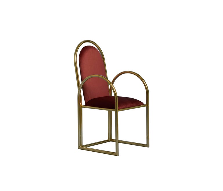 Arco chair by Houtique
Materials: Metallic structure bathed in 24 Ct gold // epoxy paint
 Upholstery Velvet
Dimensions: 47 x 45 x H 100 cm
 Seat height: 46 cm

Chairs, tables and stools with fun shapes inspired in the 80’s.

Structure: 25mm