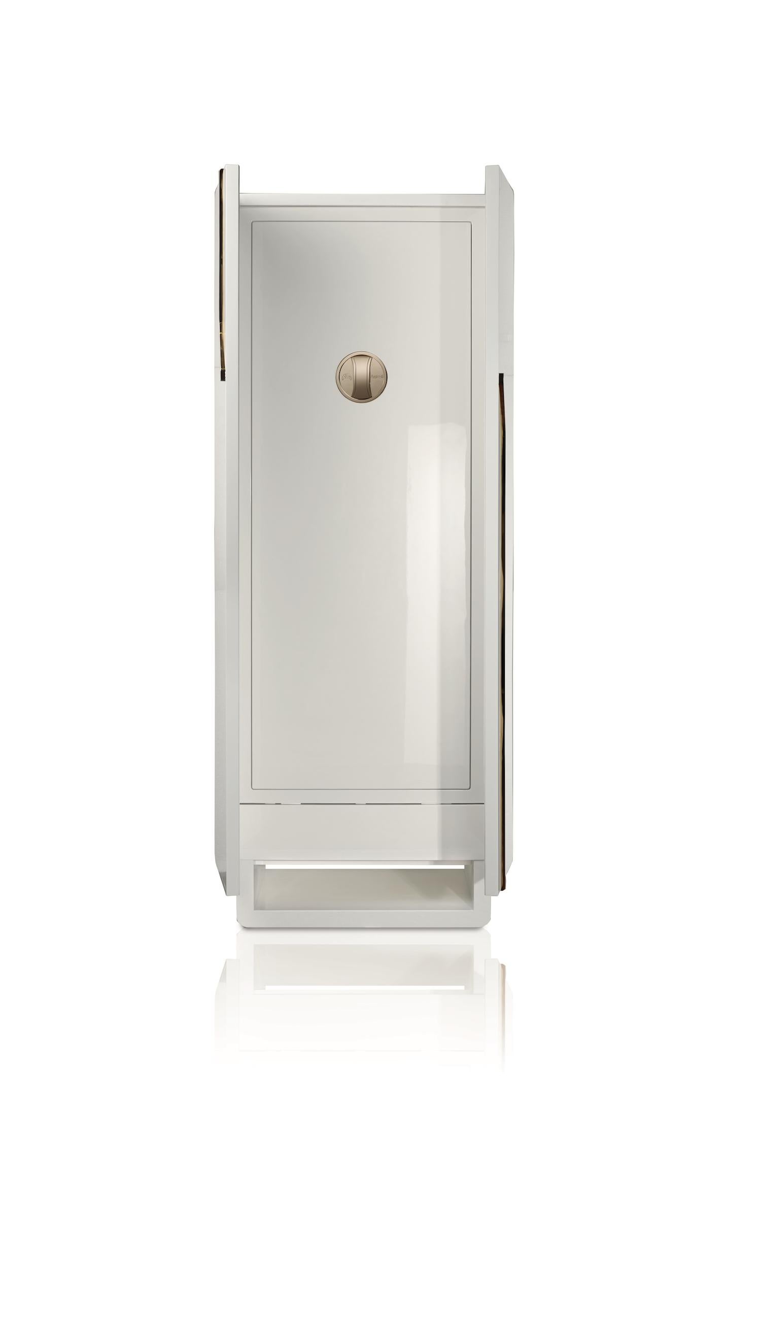 Polished white bird's-eye maple contemporary armored armoire by Agresti.

24-karat gold plated accessories. Round handle with biometric opening device and emergency key integrated. Inside pullout / pull-out necklace holder and drawers lined for