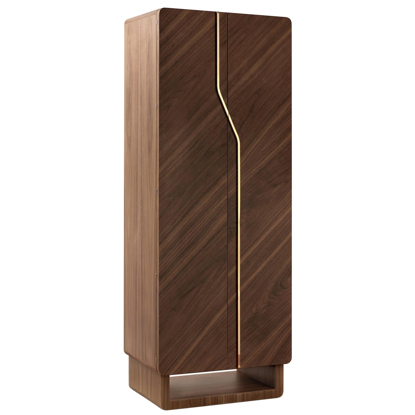 Polished walnut contemporary armored armoire by Agresti.

Matte finish, 4-karat gold-plated accessories. Round handle with biometric opening device and emergency key integrated. Inside pull out necklace holder and drawers lined for jewelry. Secret