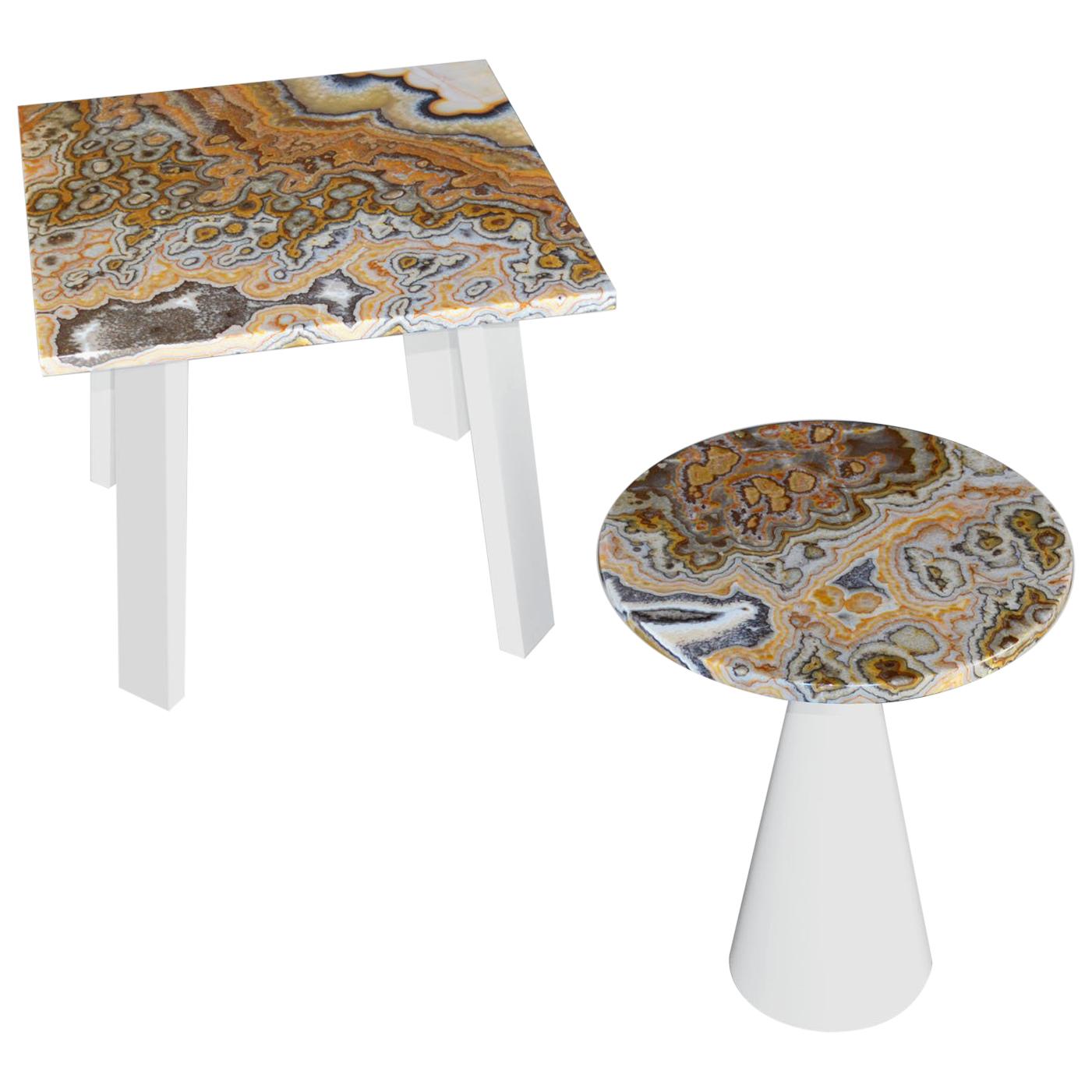 Modern Onyx Coffee Side Table white lacquered wood base onyx top 