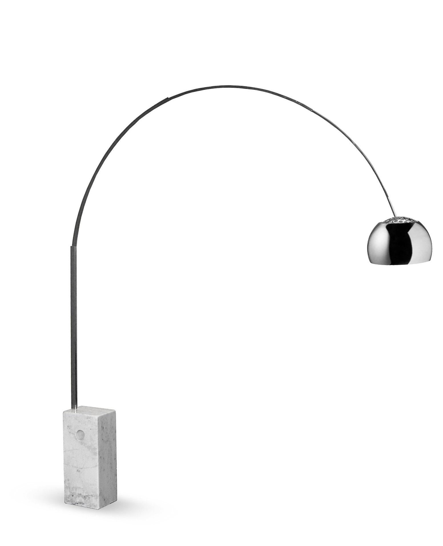 The brothers Castiglioni designed their iconic Arco lamp in 1962 to cast light far from a power source. Its marble base is so heavy it was made with a hole where a broom handle could be inserted to help lift it. This example is an authentic FLOS