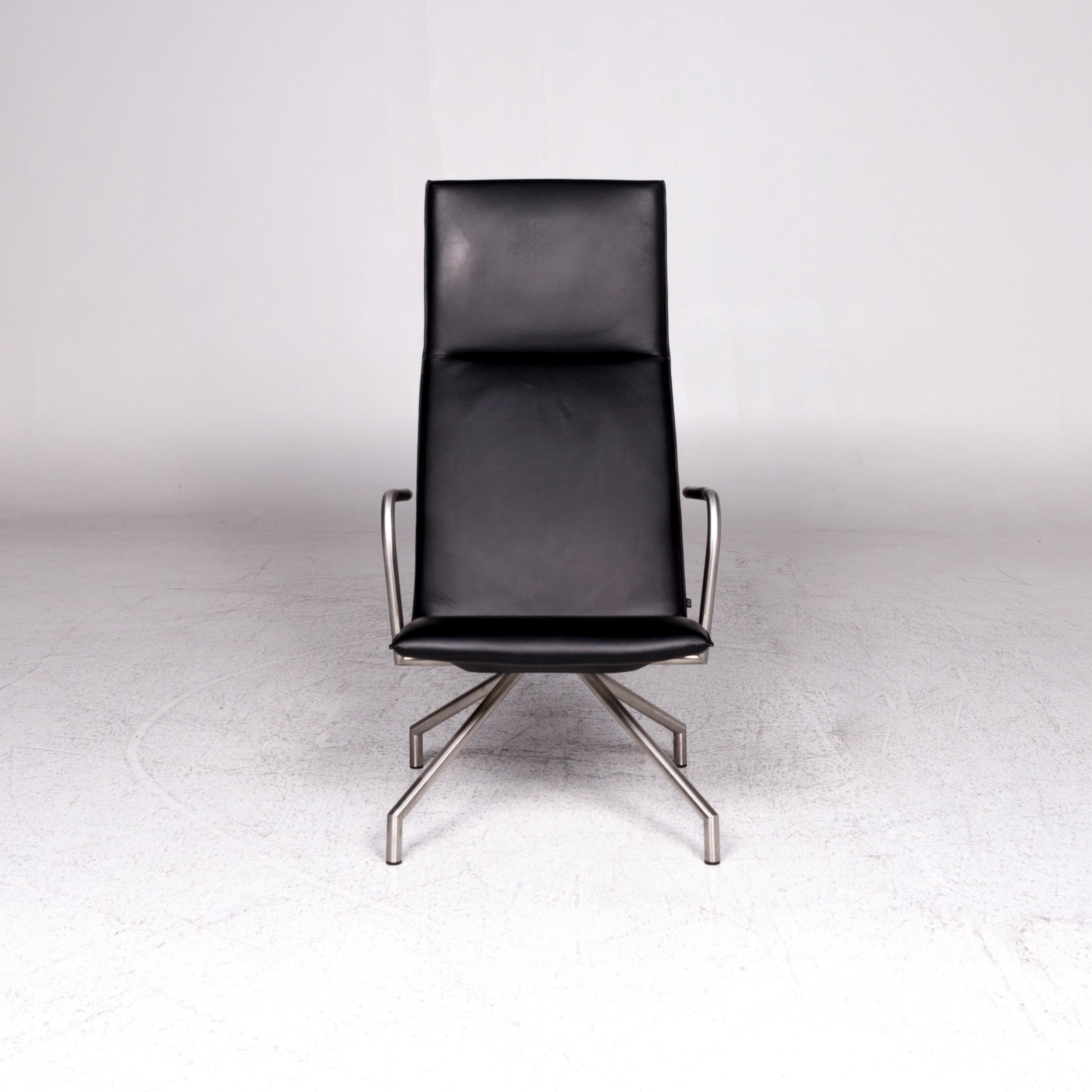 European Arco Lay Down Leather Armchair Set Black 2x Armchair 1x Stool