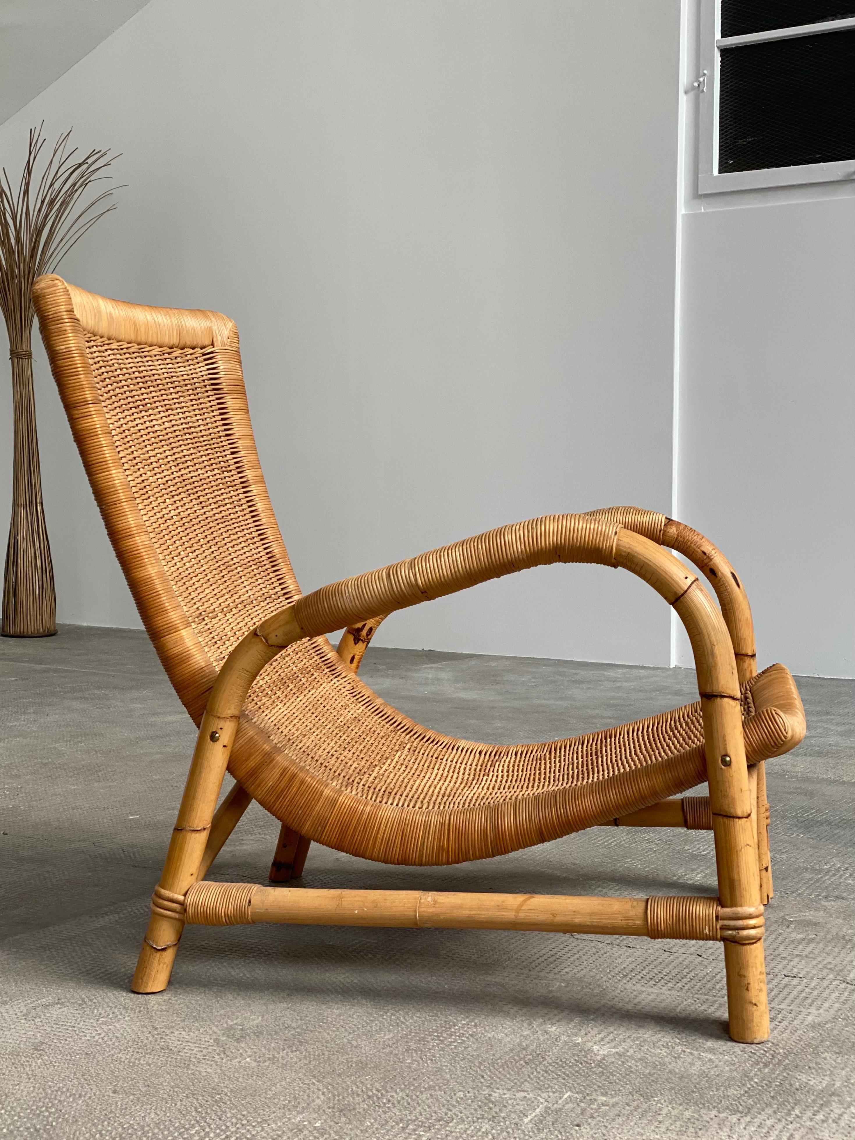 Mid-Century Modern ARCO RATTAN BAMBOO WICKER ARMCHAIR LOUNGE CHAIR, GERMANY 1960s For Sale