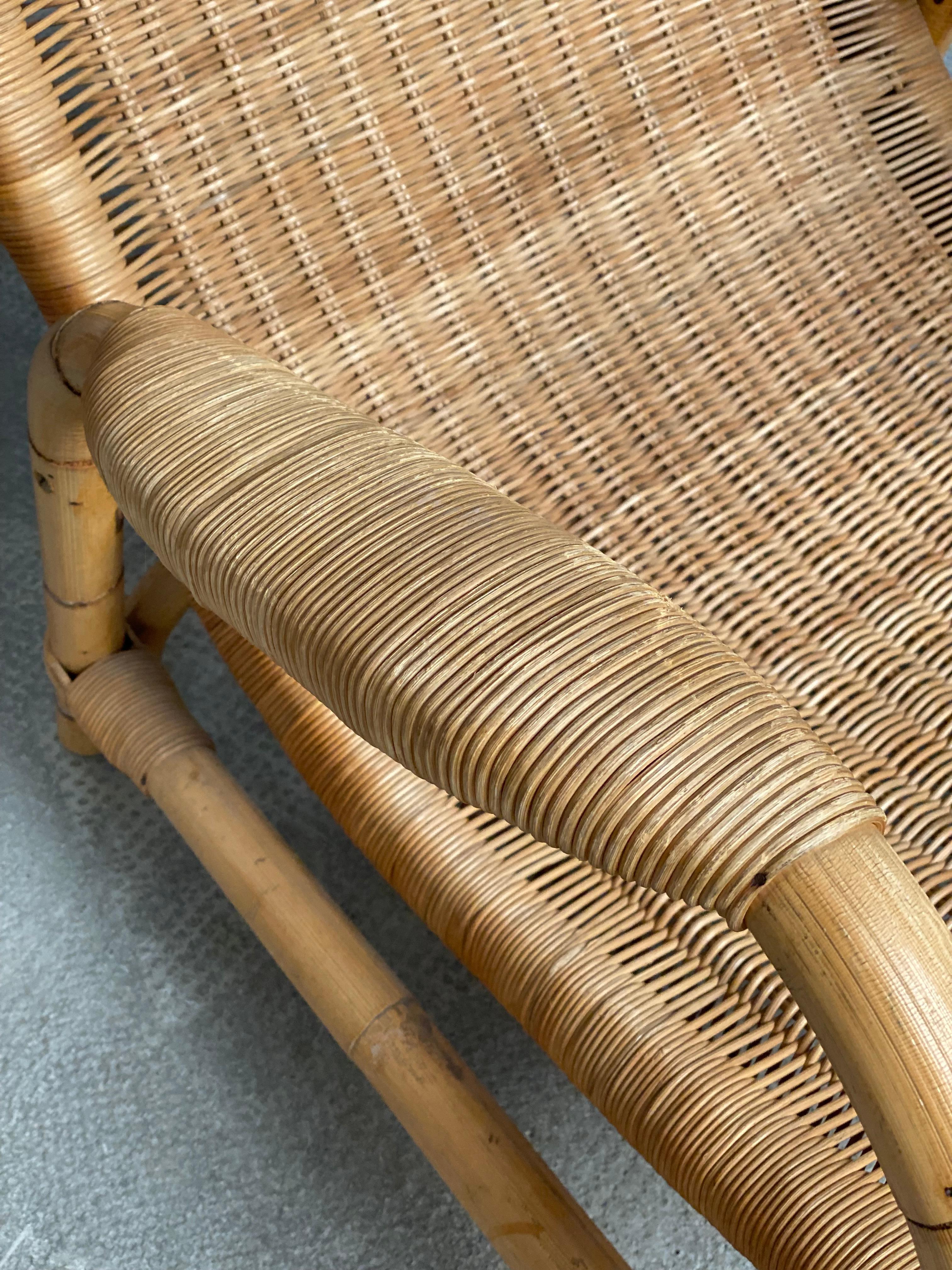 Hand-Crafted ARCO RATTAN BAMBOO WICKER ARMCHAIR LOUNGE CHAIR, GERMANY 1960s For Sale