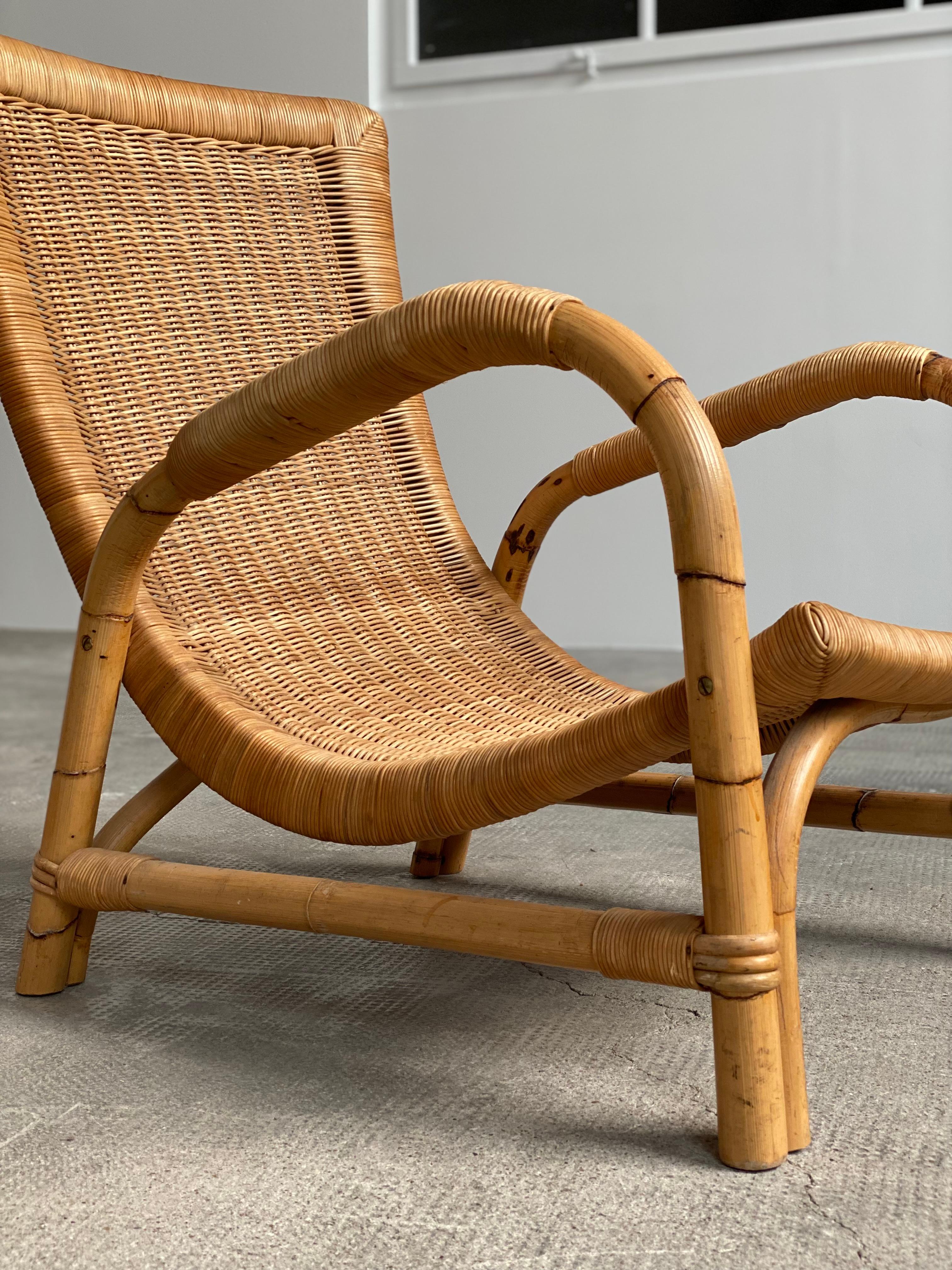 ARCO RATTAN BAMBOO WICKER ARMCHAIR LOUNGE CHAIR, GERMANY 1960s In Good Condition For Sale In Reutlingen, DE