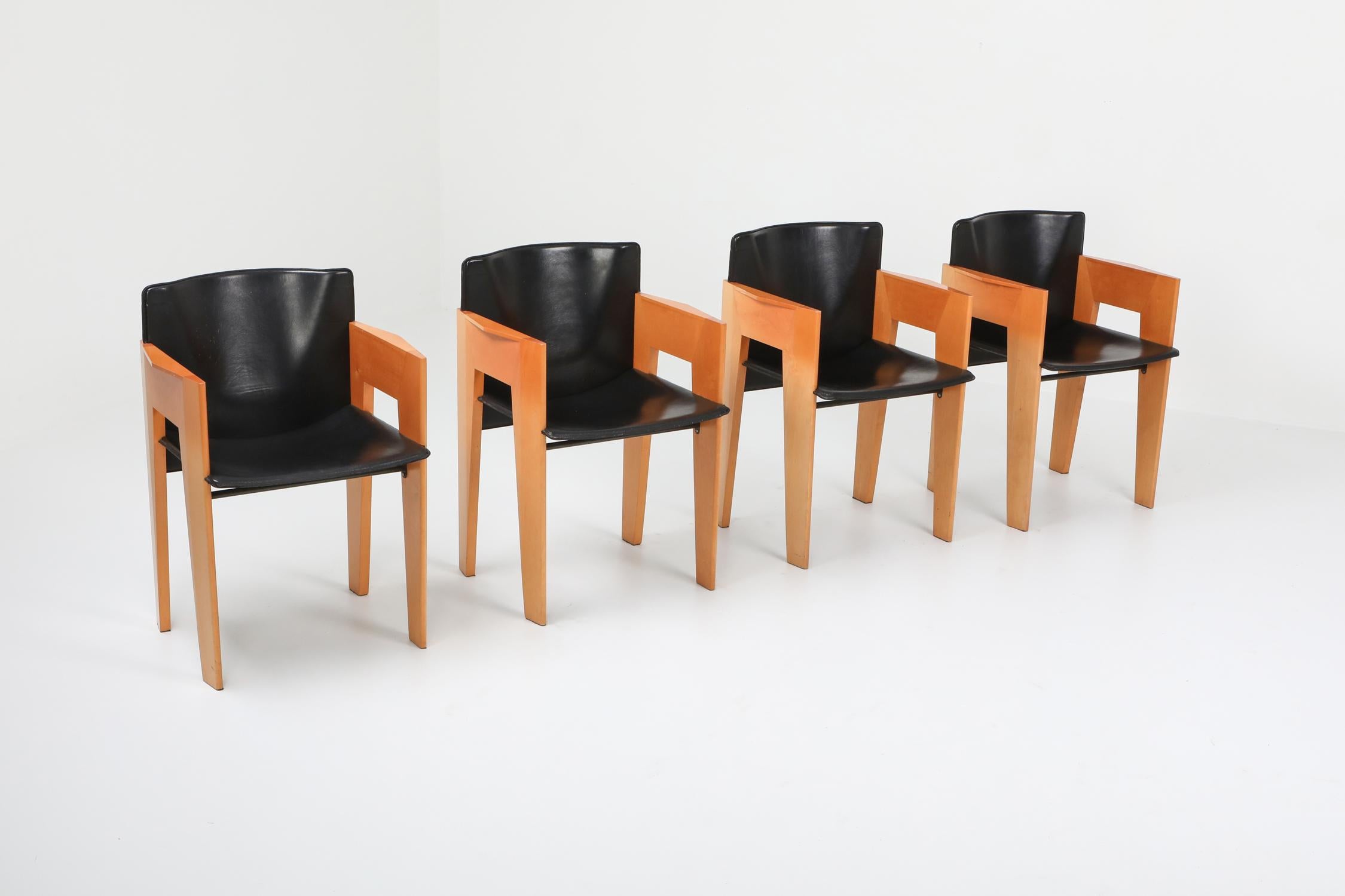 Arco Sculptural Leather and Wood Chairs In Excellent Condition In Antwerp, BE
