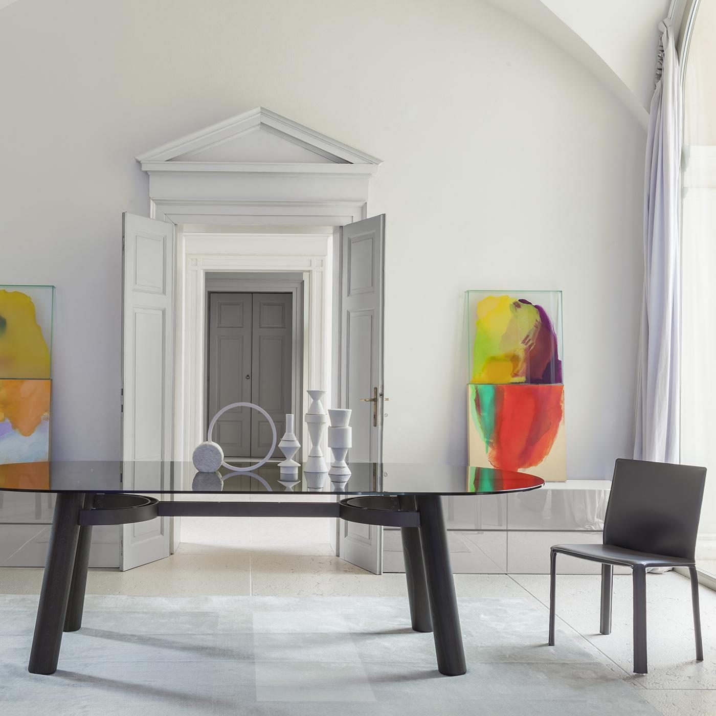 Contemporary Arco Smoky Glass & Laguna Oak Table For Sale