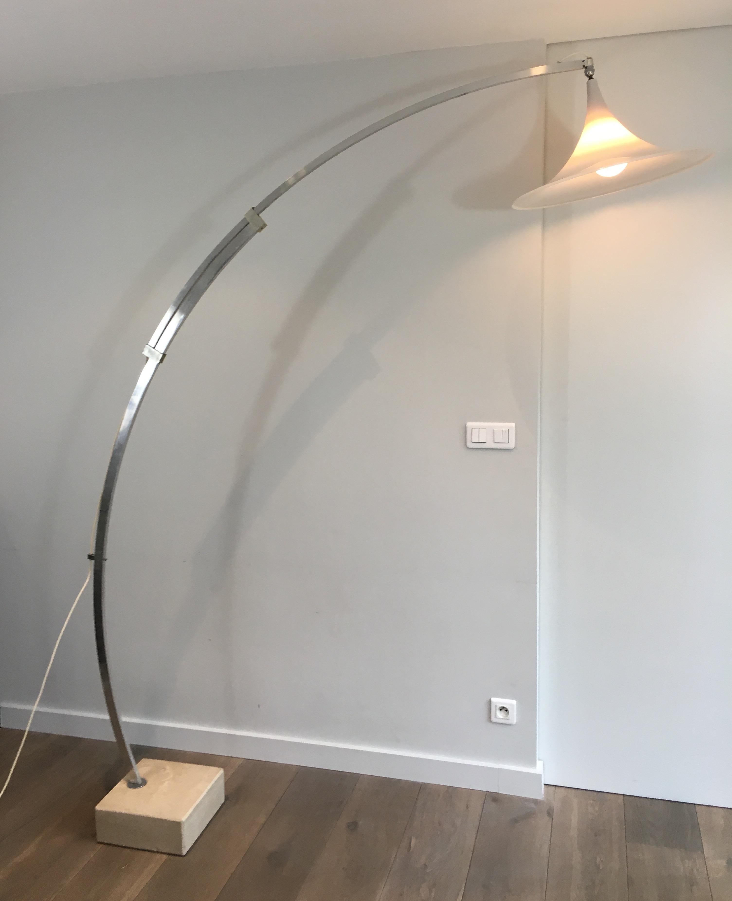 Arco Style Floor Lamp in Brushed Aluminium, Conical White For Sale 11