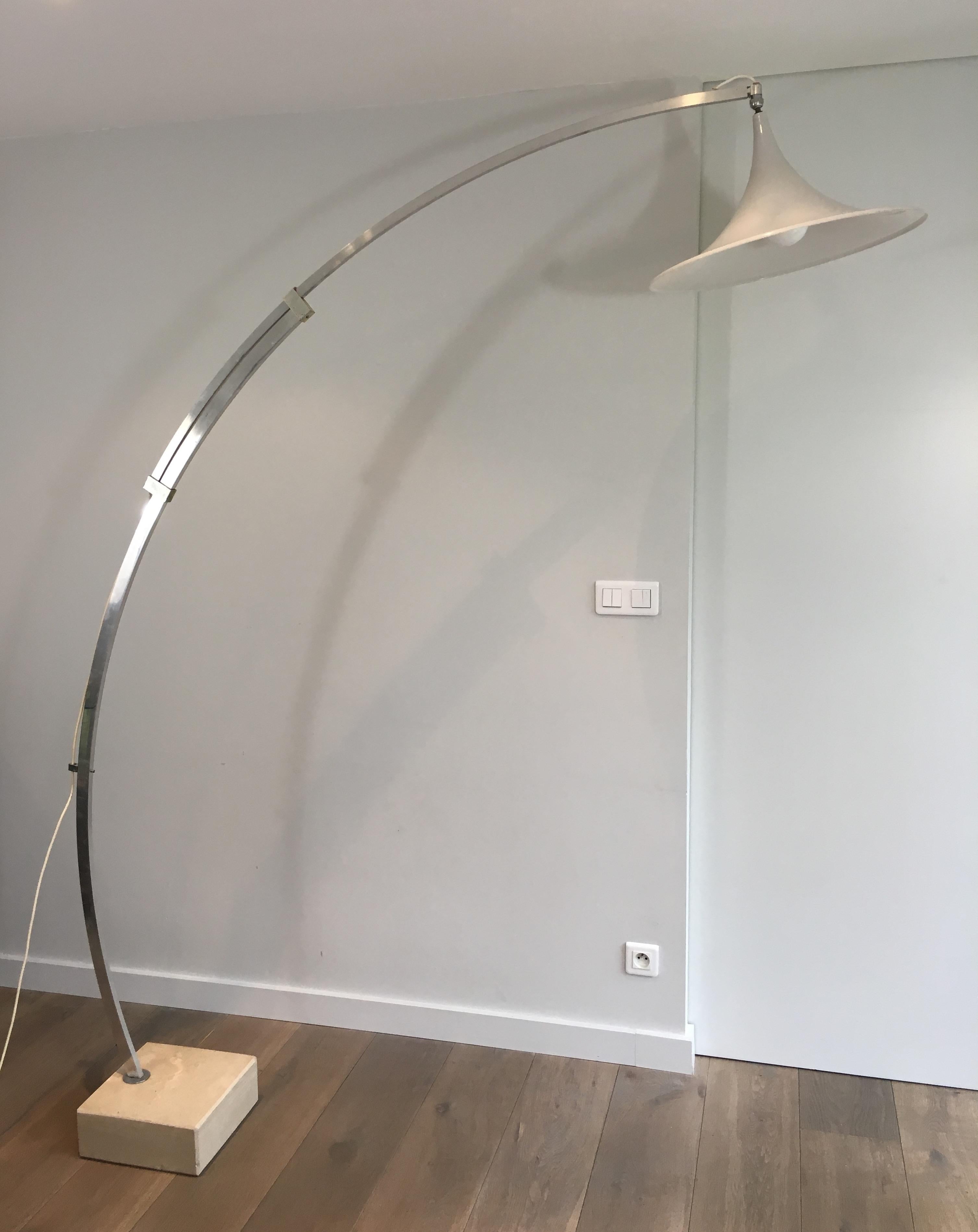 Arco Style Floor Lamp in Brushed Aluminium, Conical White For Sale 12