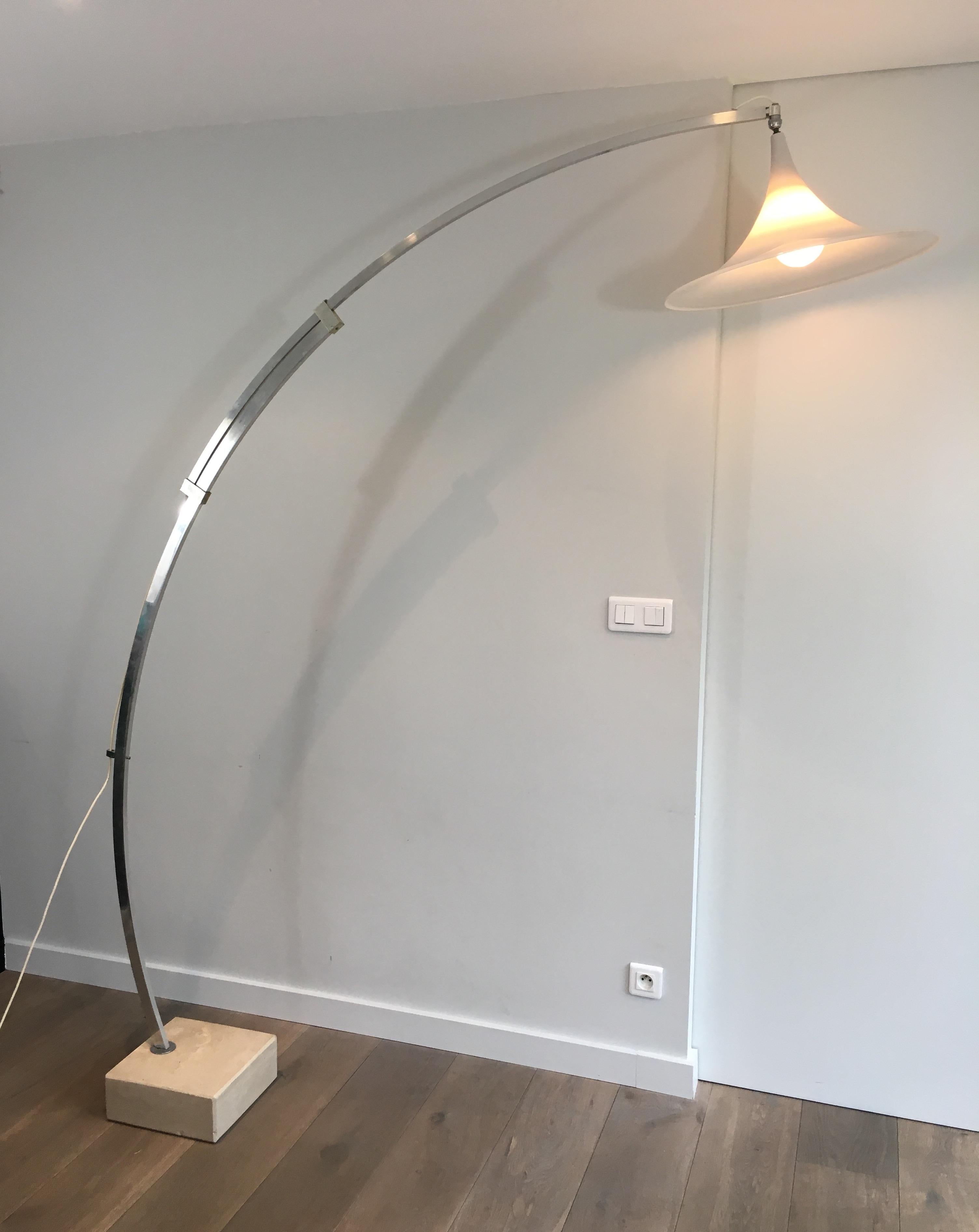 Arco Style Floor Lamp in Brushed Aluminium, Conical White For Sale 13