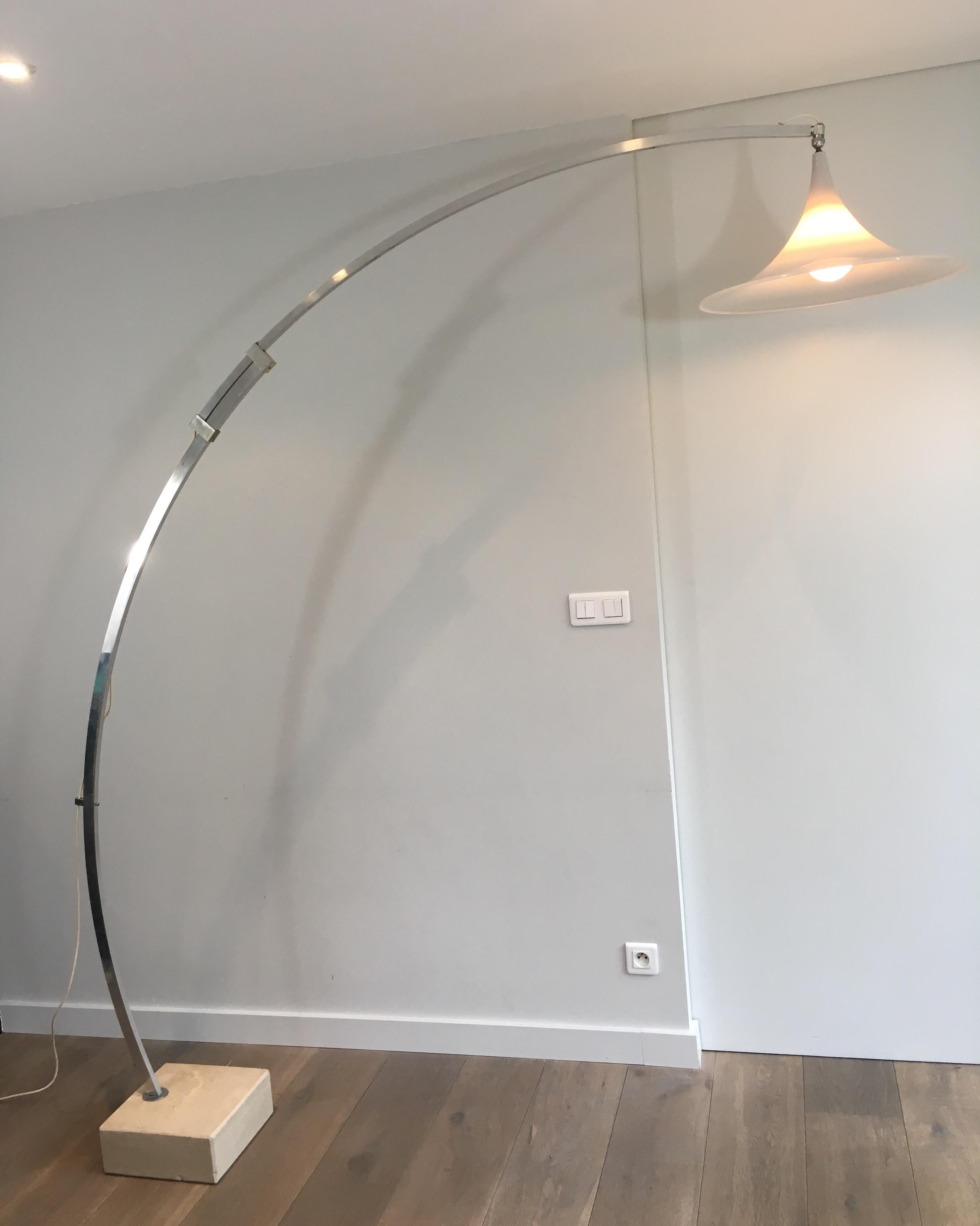 Mid-Century Modern Arco Style Floor Lamp in Brushed Aluminium, Conical White For Sale