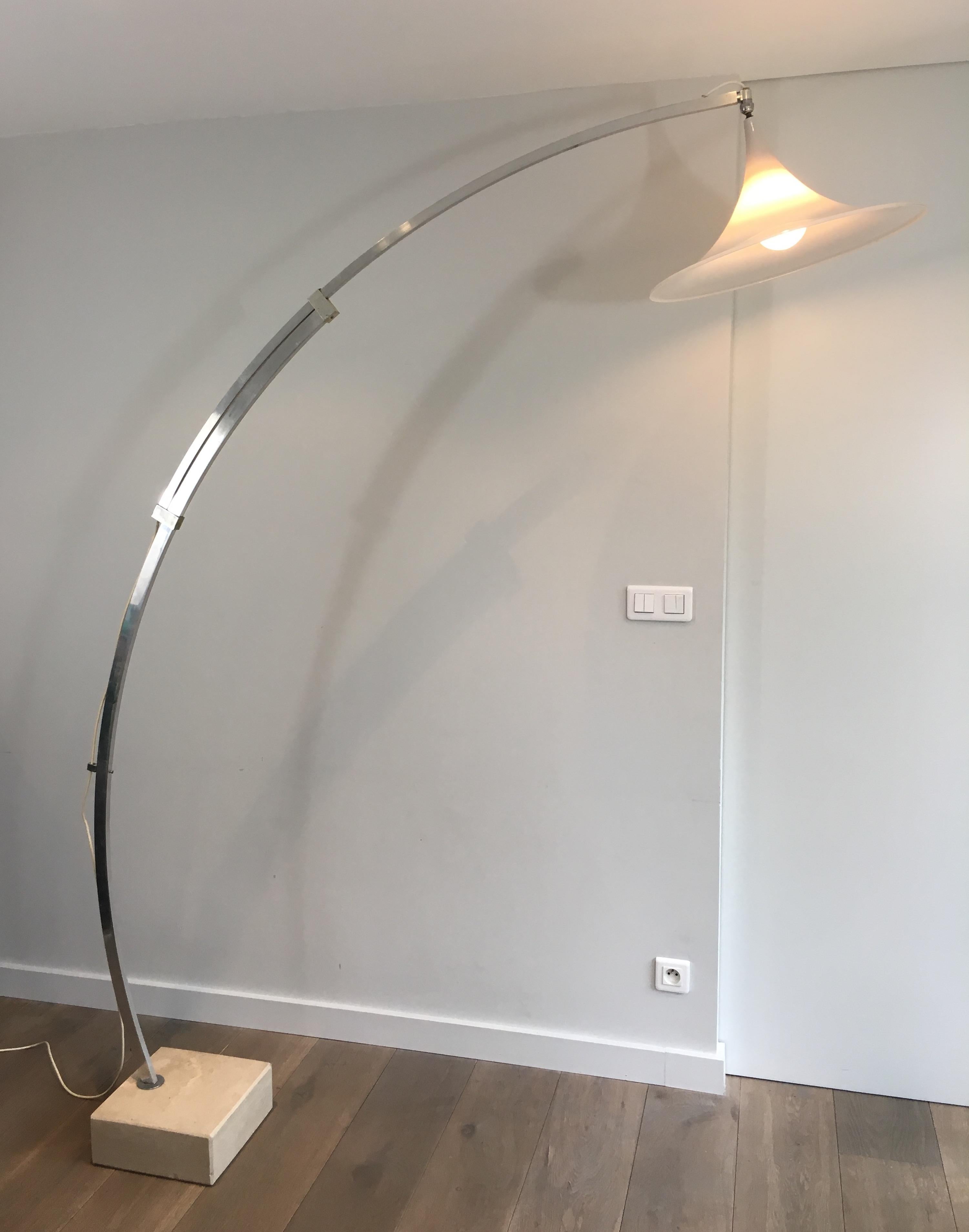 French Arco Style Floor Lamp in Brushed Aluminium, Conical White For Sale