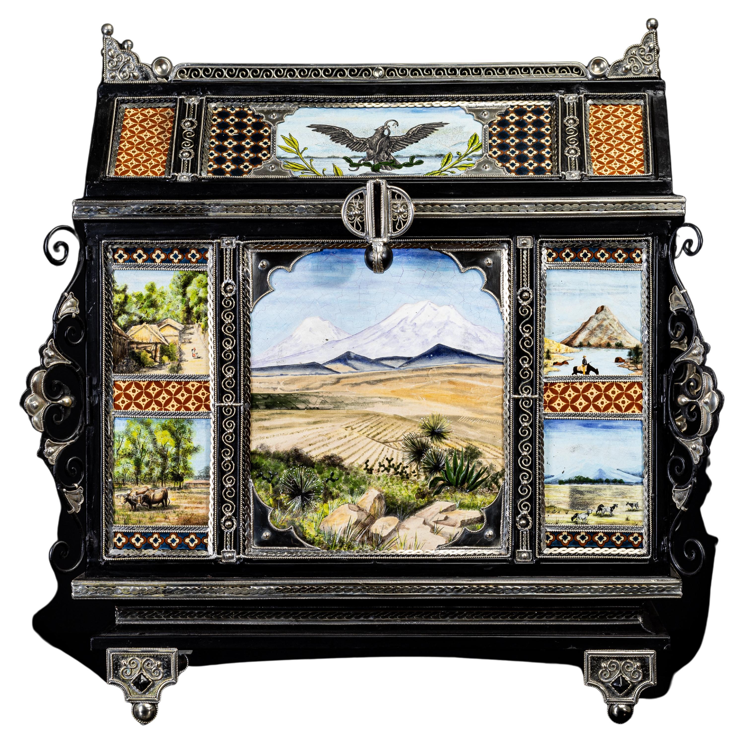 Always unique pieces is what you are going to hear about Jesus Guerrero Santo's work, all the pieces are handmade and created one by one it takes months to produce each peace.
This ceramic and white metal (alpaca) ashtray, was created in Tonalá,