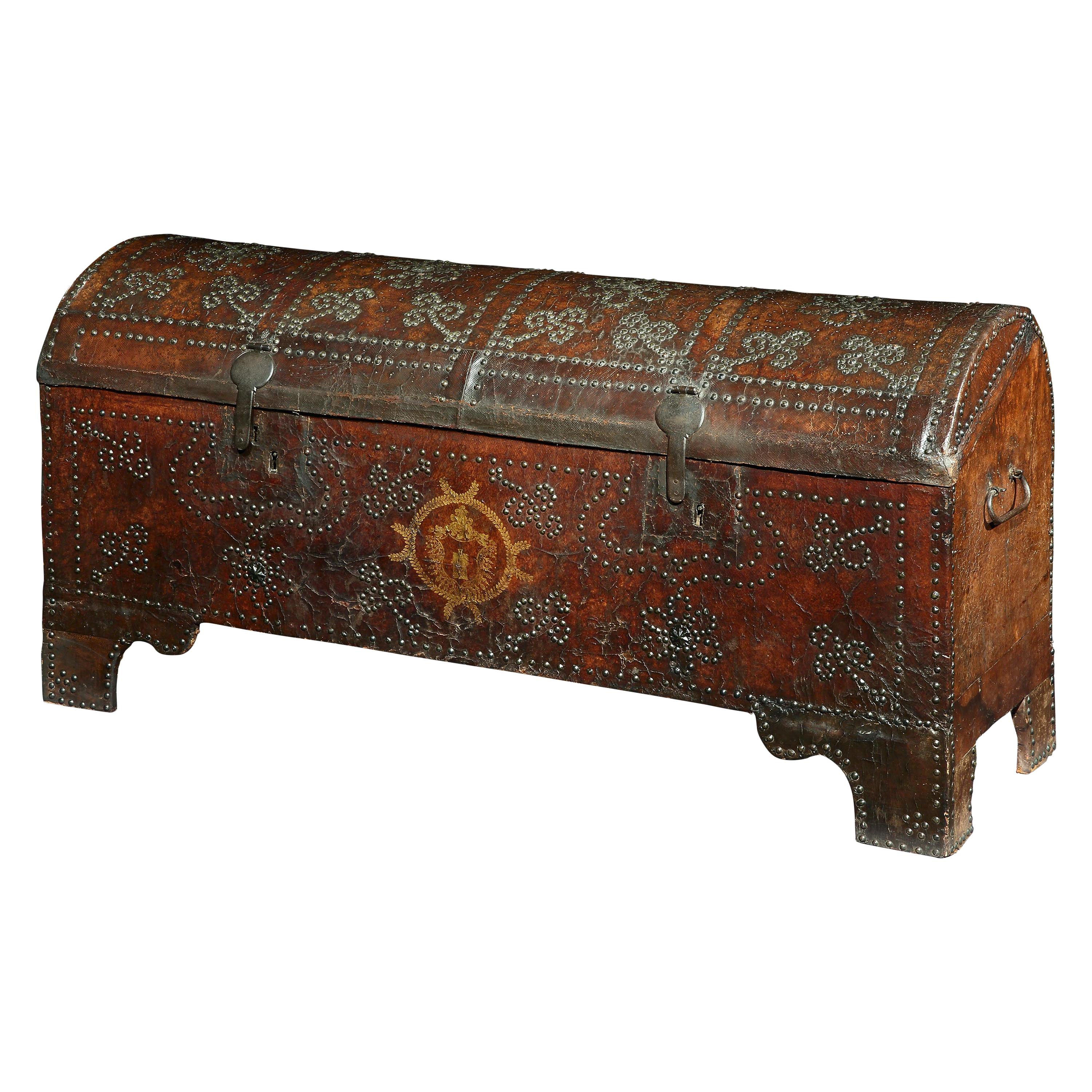 Arcon Chest Coffer Leather Armorial Spanish Baroque Gilded Brass Studwork Domed  For Sale