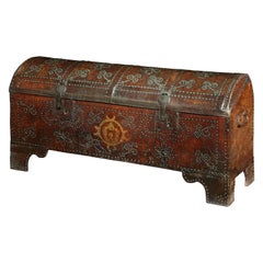 Arcon Chest Coffer Leather Armorial Spanish Baroque Gilded Brass Studwork Domed 