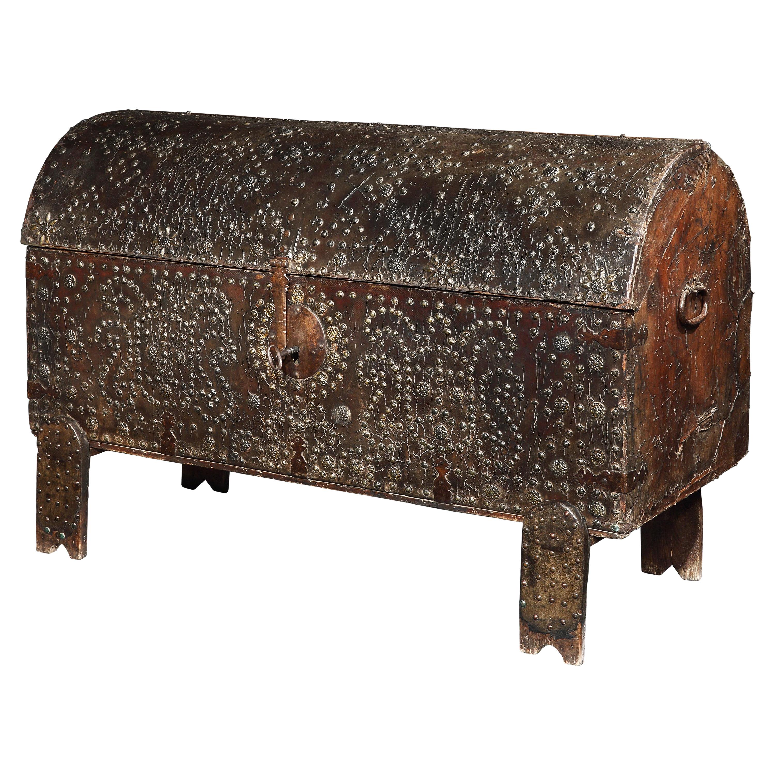 Arcon, Chest, Coffer, Leather, Spanish, Baroque, Brass Studwork, Domed, Travel For Sale