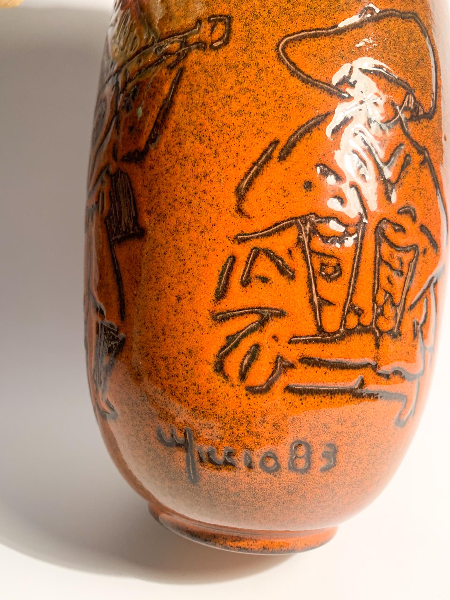 Arcore Ceramic Orange Vase with 1950s Decorative Detail For Sale 5