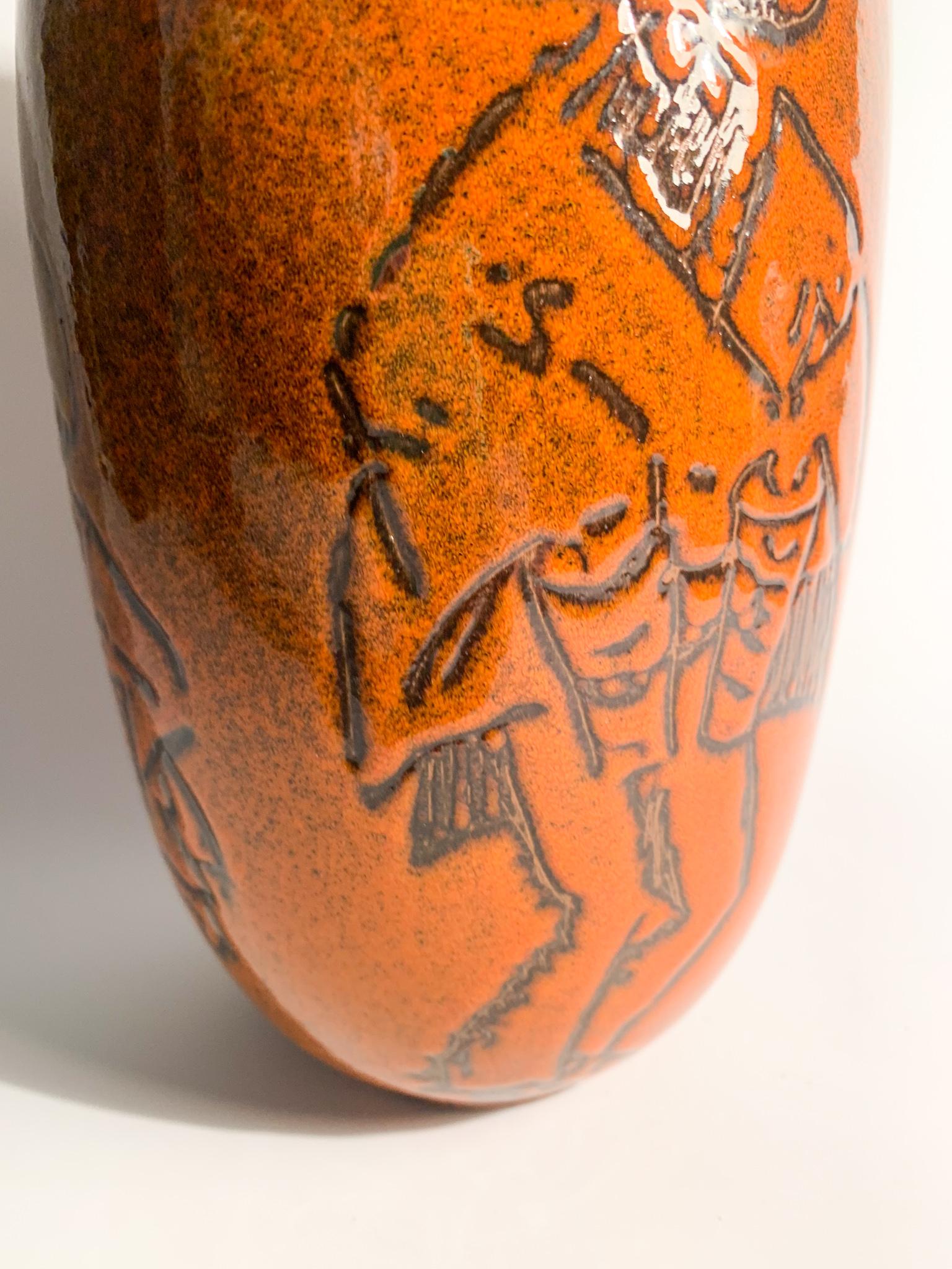 Mid-20th Century Arcore Ceramic Orange Vase with 1950s Decorative Detail For Sale