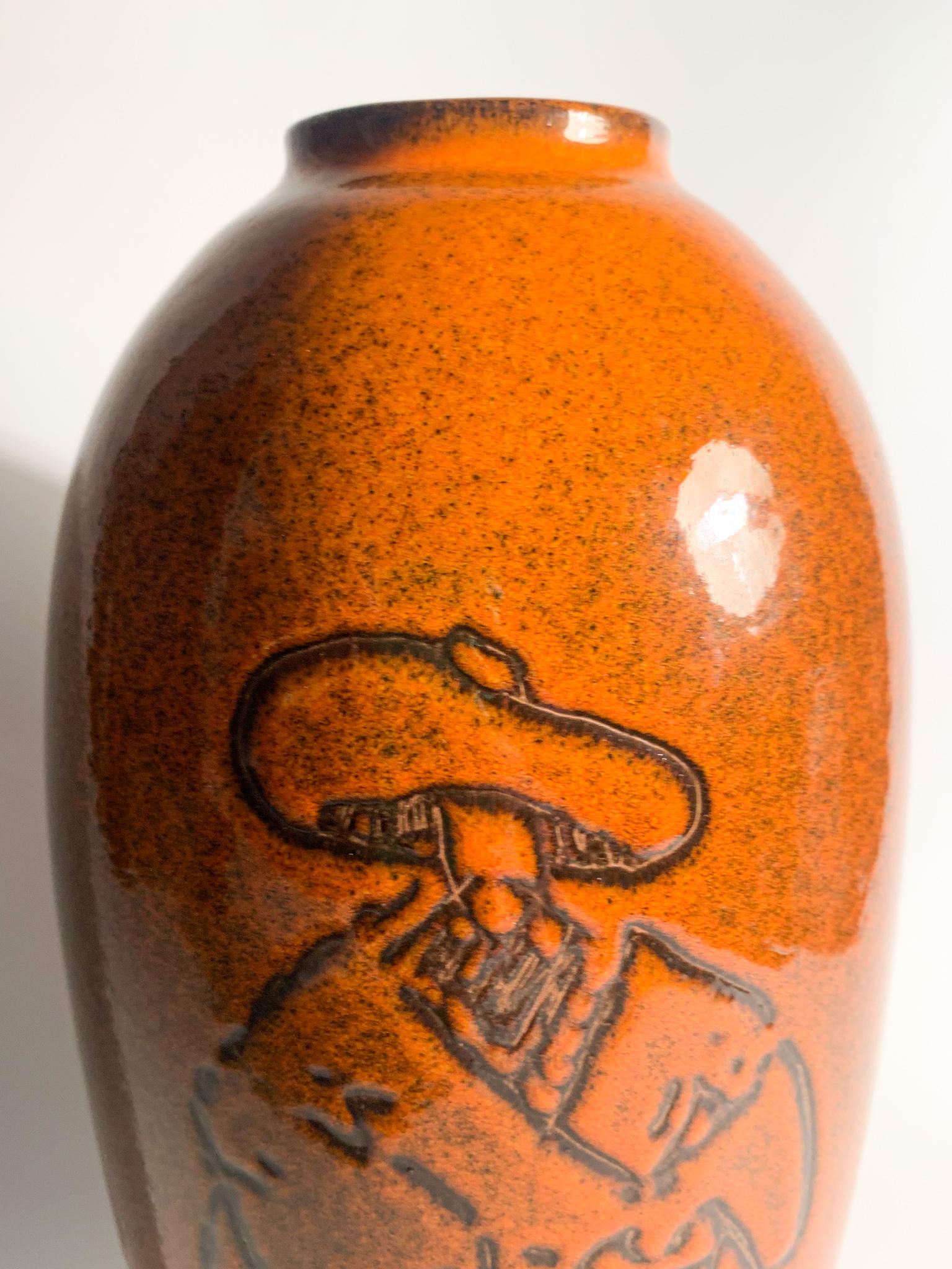 Arcore Ceramic Orange Vase with 1950s Decorative Detail For Sale 1
